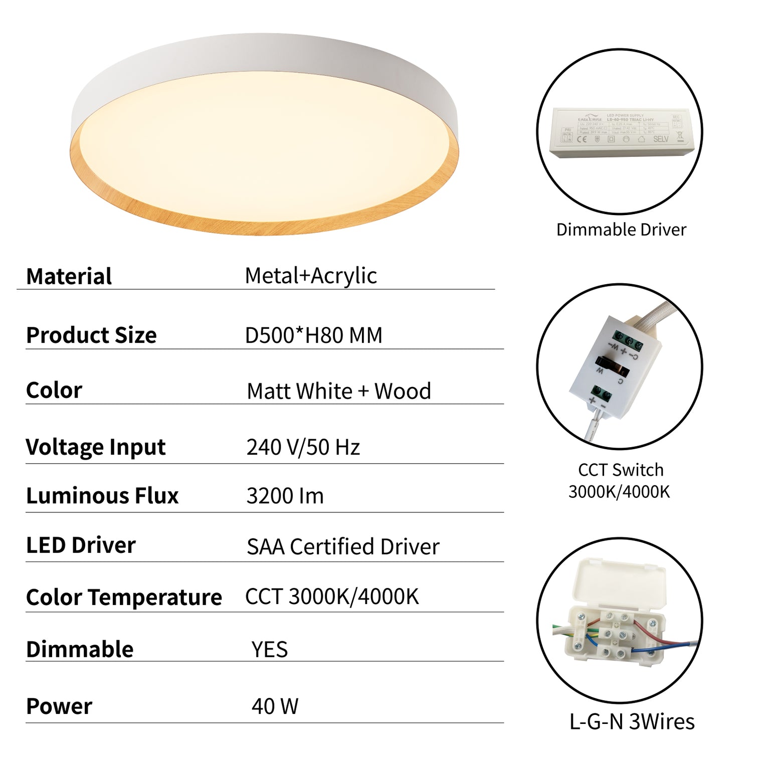 DEMIER Large 500mm Round LED Ceiling Fixture 2CCT 40W Dimmable - 7Pandas Australia
