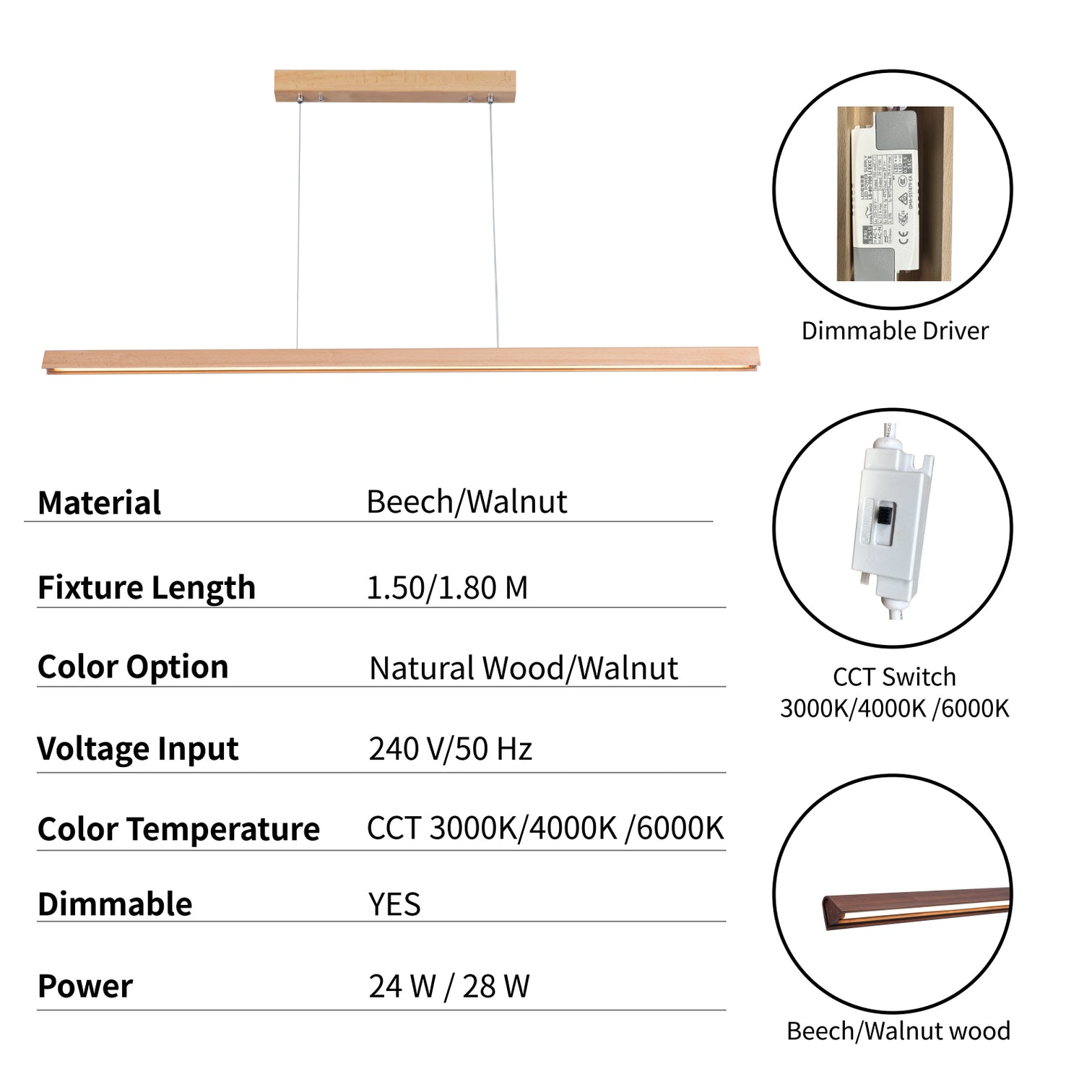 RAIN LED Beech Wood Linear Pendant Light 28W Kitchen Island BenchTop 3CCT dimmable - 7Pandas Australia