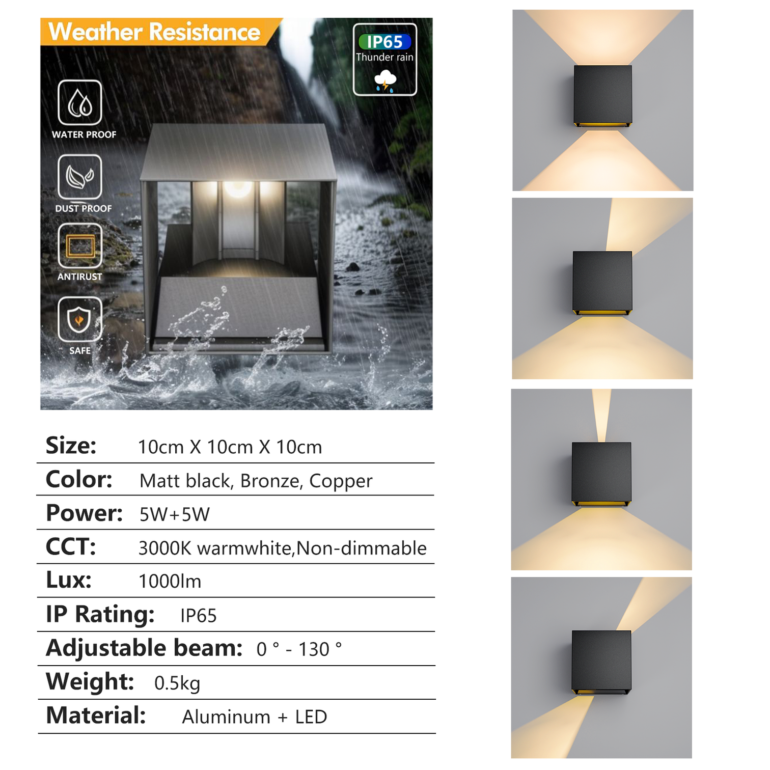 AUX Outdoor LED Wall Light 5+5W 3000K Up and Down Adjustable IP65 - 7Pandas Australia