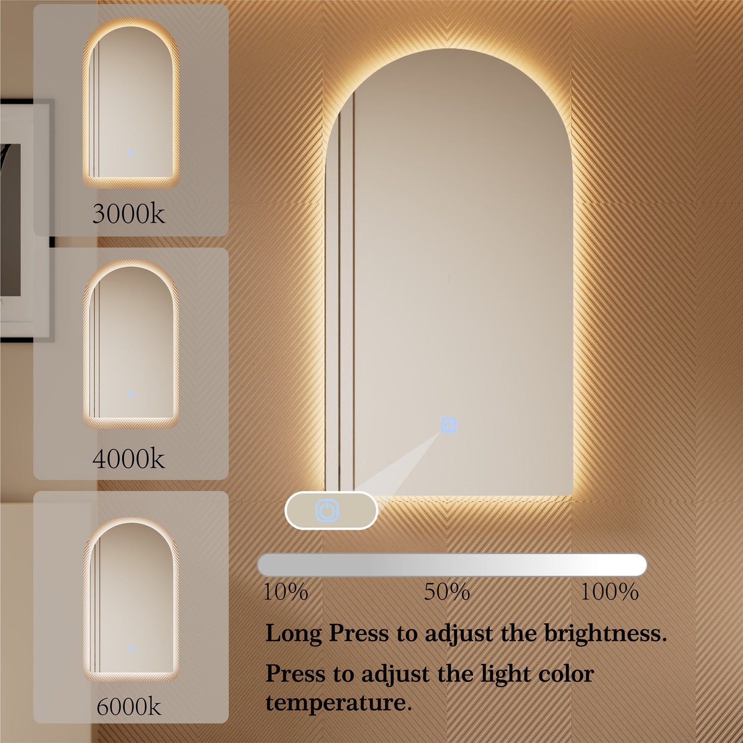 Arched LED Bathroom Mirror with Lights Color Temperature Adjustable CCT Dimmable 50*90cm - 7Pandas Australia