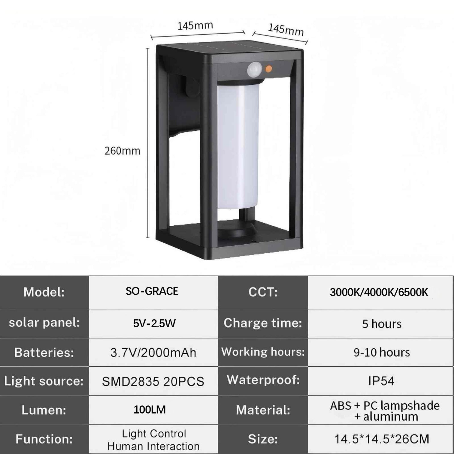 GRACE Solar Light 2000mAh Outdoor Wall Light Sensor IP54 3CCT - 7Pandas Australia