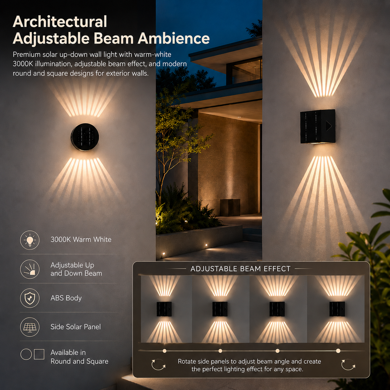 SMEG solar garden wall light with adjustable up down beams casting 3000K warm white patterns