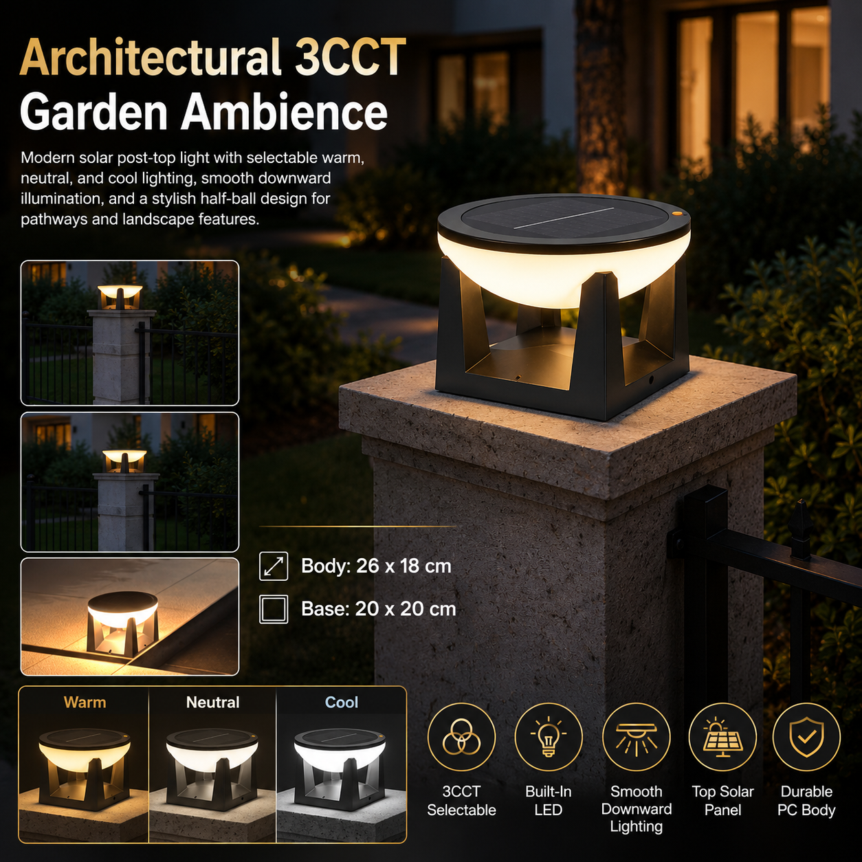 LINDA outdoor landscape solar garden pathway light mounted on stone pillar with 3CCT lighting option