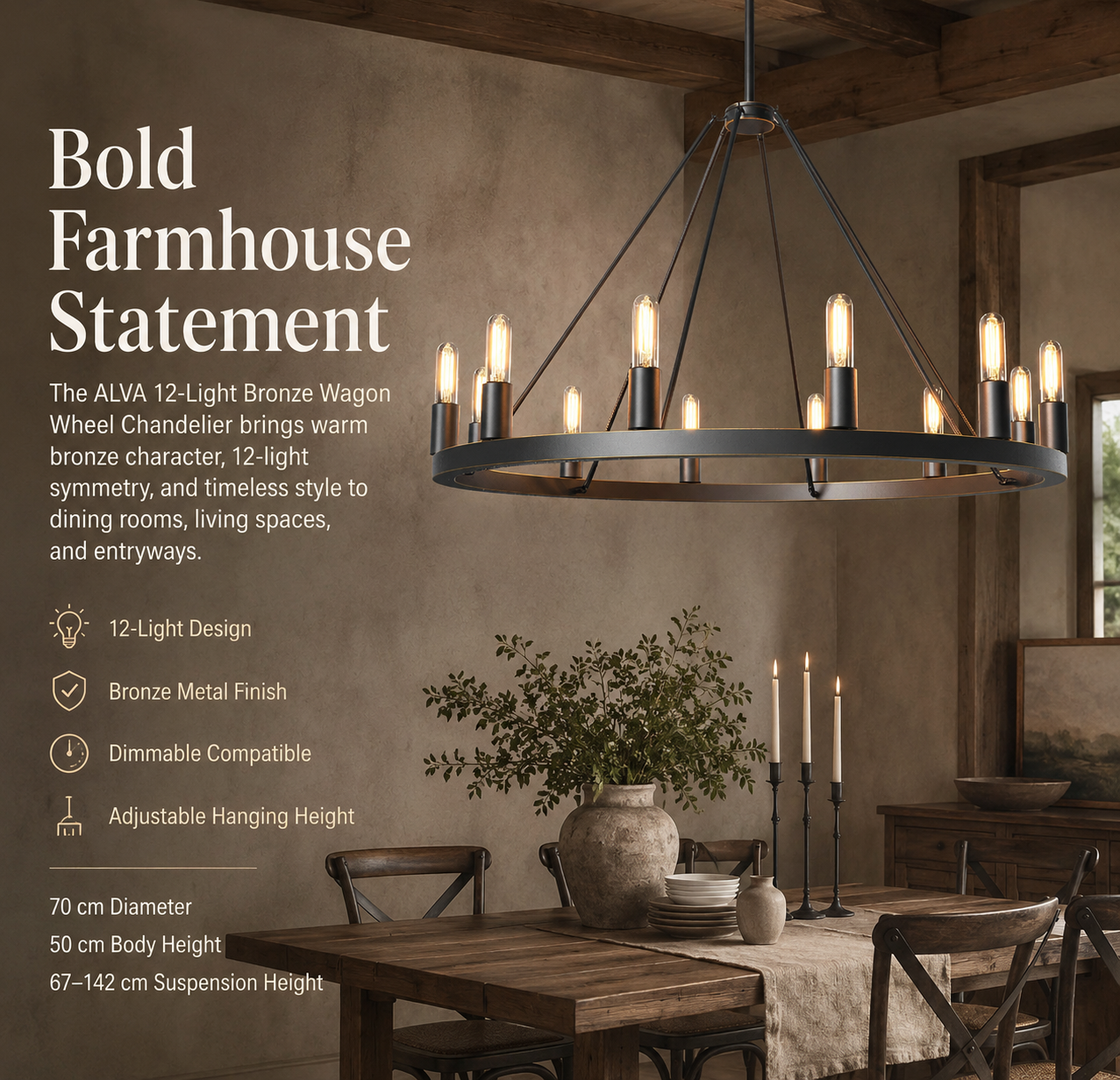 ALVA 12-Light Antique Farmhouse Wagon Wheel Chandelier Bronze E14 - 7Pandas Australia