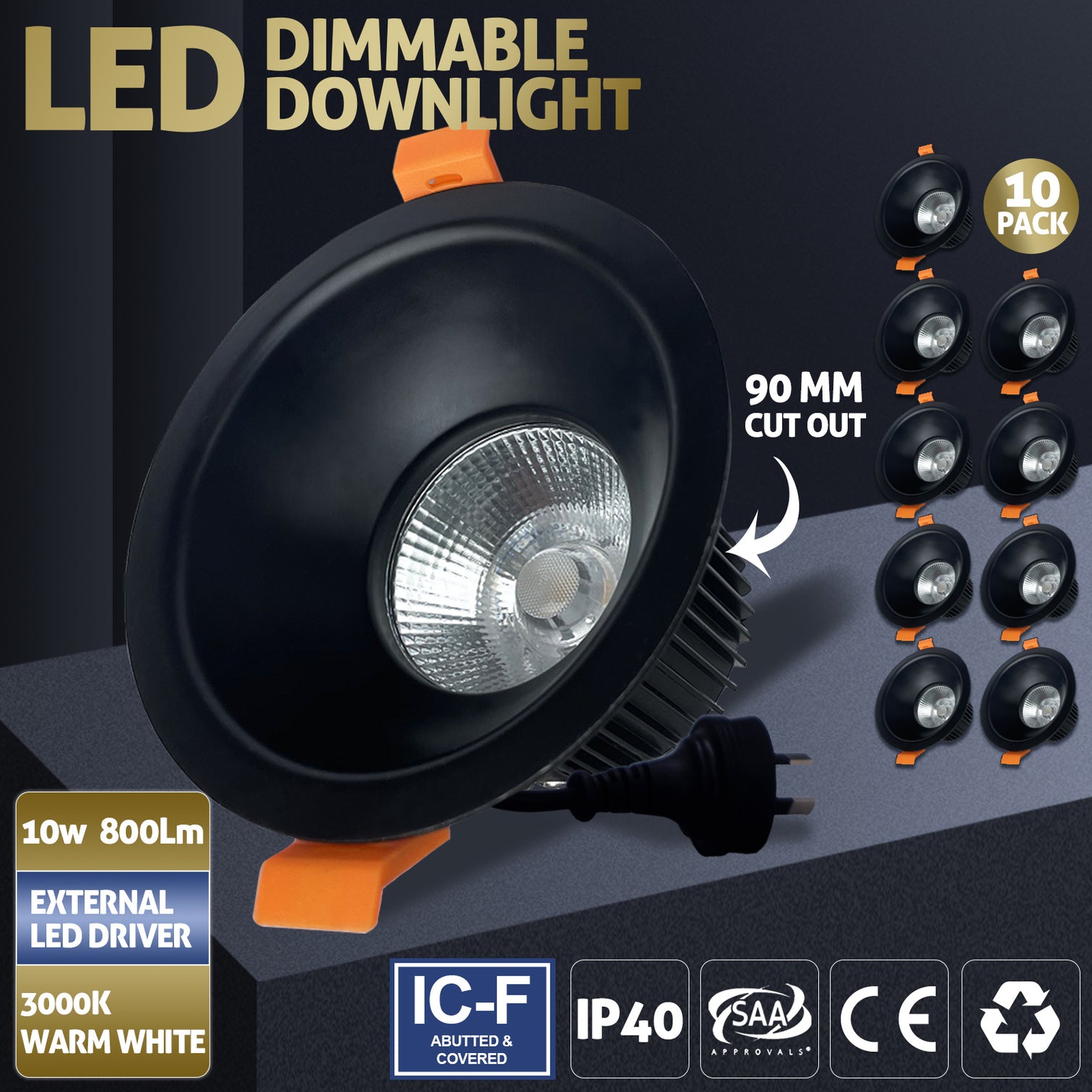 Aluminium 90mm Cutout Recessed Downlight COB 10W LED Dimmable 3000K 10PACK - 7Pandas Australia
