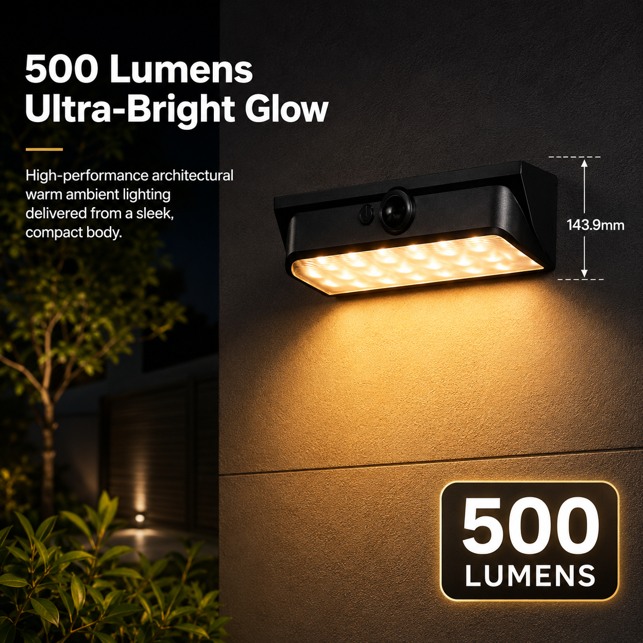 ALINA 500 lumen outdoor wall light with warm white solar LEDs mounted on a modern exterior wall