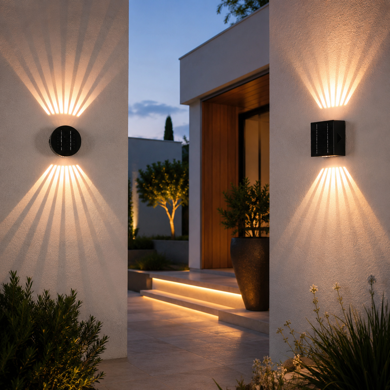 SMEG solar up down wall light casting warm white beam patterns on modern exterior walls
