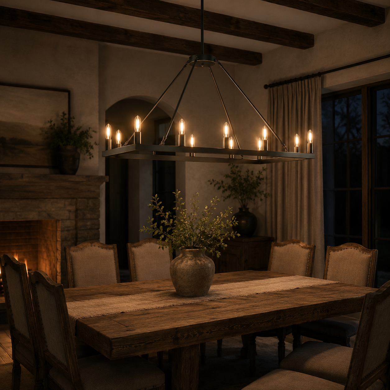 ALVA 12-Light Bronze Antique Style Rectangular Farmhouse Chandelier E14