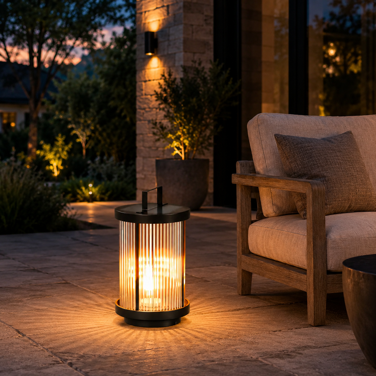 EMILY rechargeable outdoor solar lantern casting warm white light beside a modern patio lounge chair
