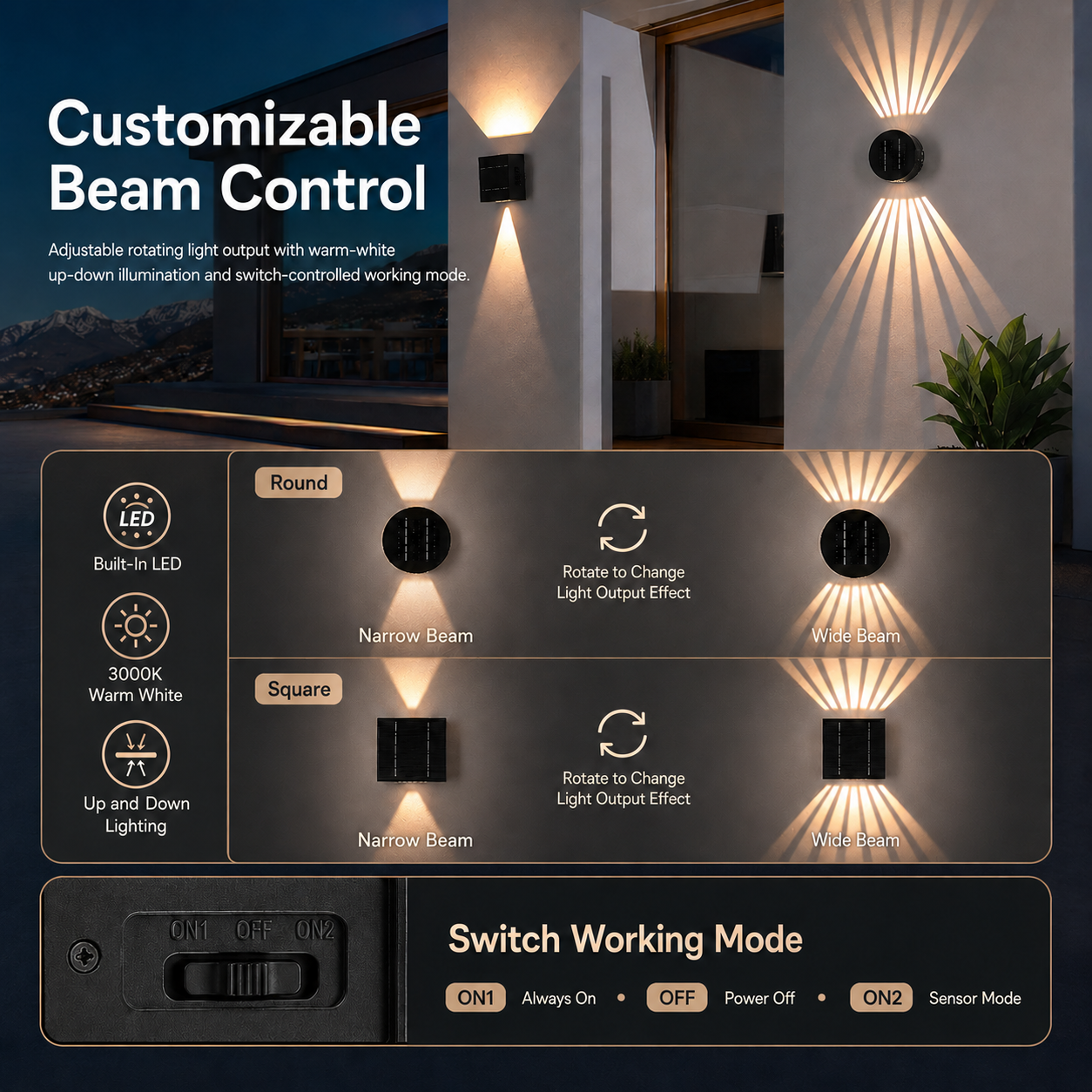 Adjustable solar up down wall light showing narrow and wide beam control for exterior walls