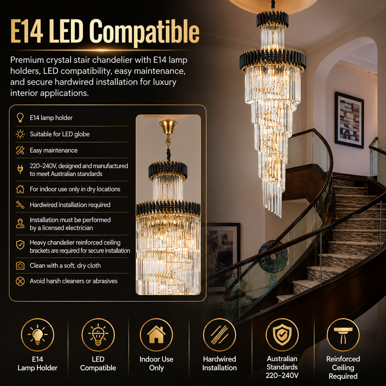ROSS large luxury K9 crystal chandelier illuminating a grand curved staircase in a contemporary living room.
