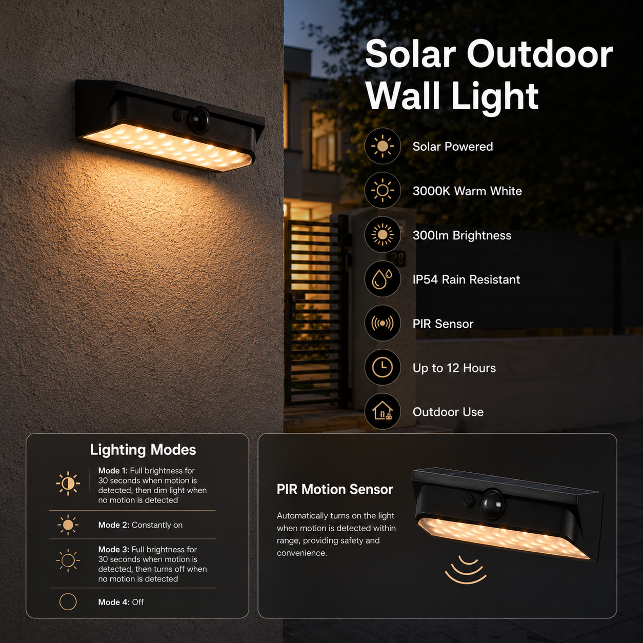 ALINA solar motion sensor wall light mounted on an exterior wall with 3000K warm white glow and IP54 protection