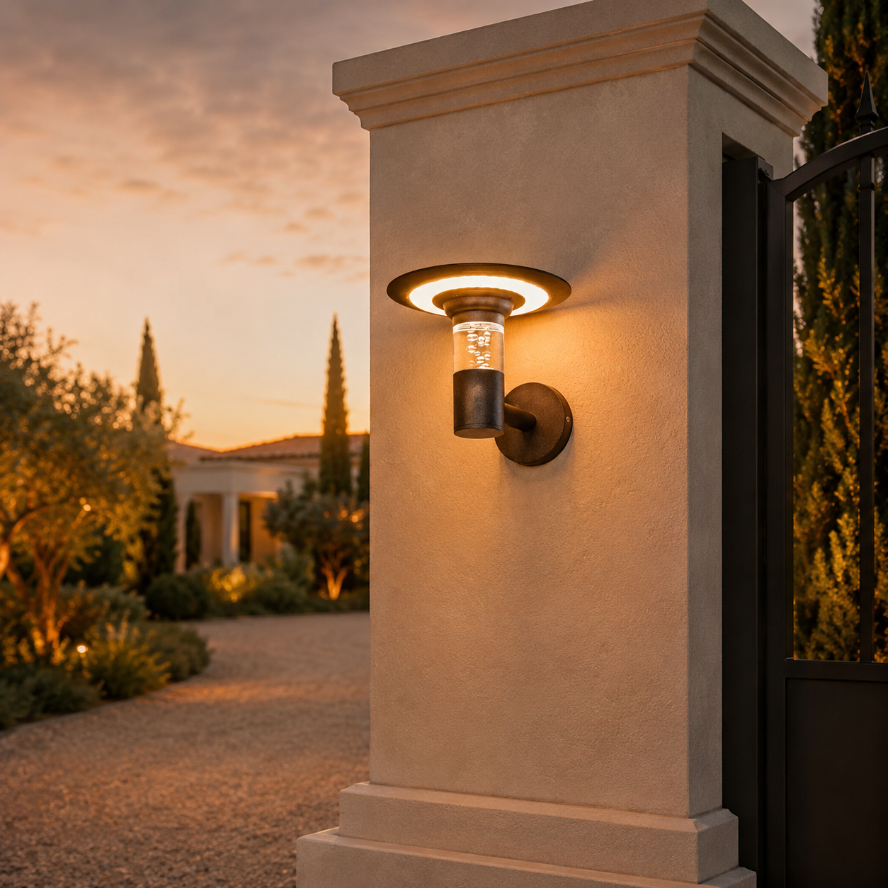 LUMINA black aluminium solar garden wall light glowing on an outdoor entrance pillar at sunset