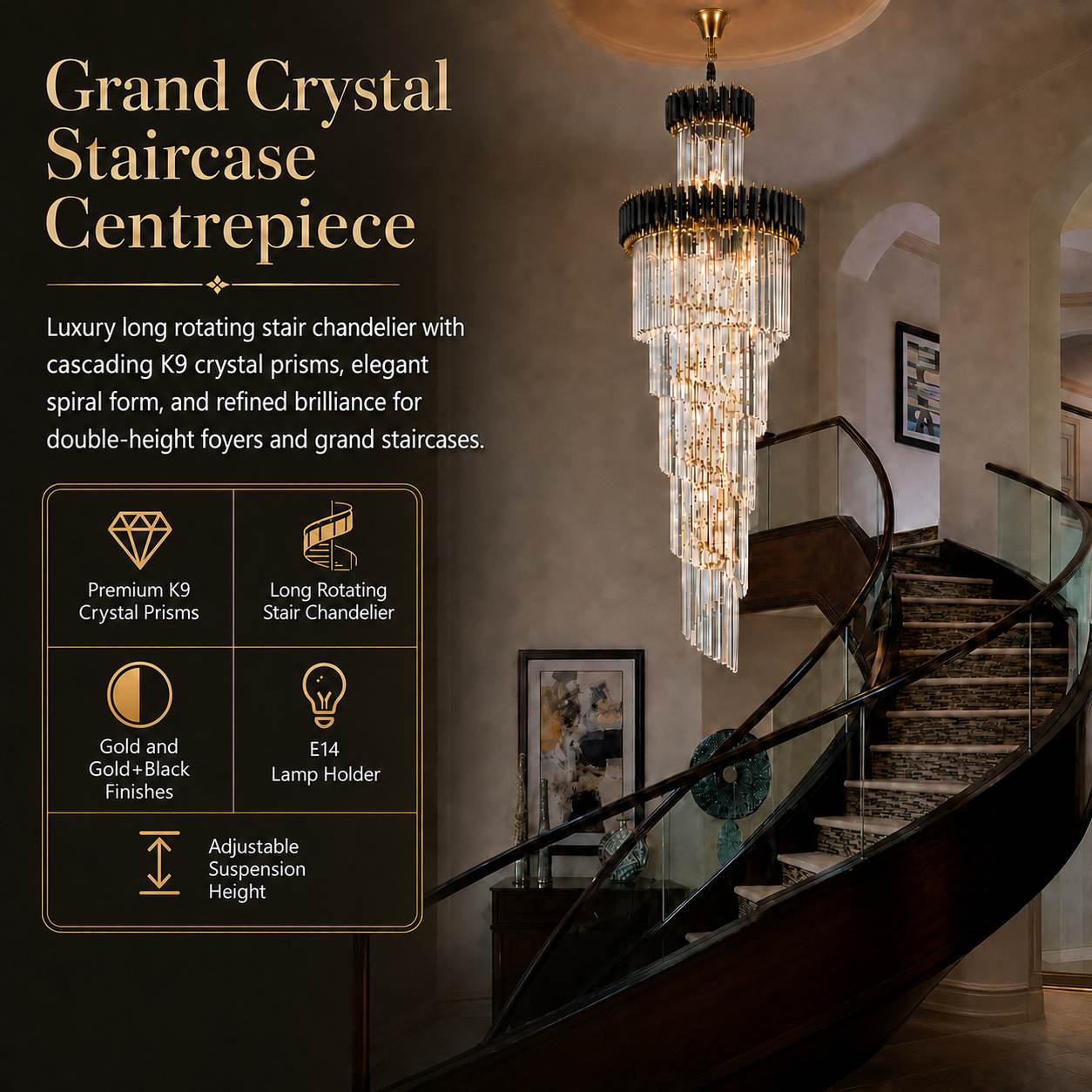 ROSS luxury K9 crystal staircase chandelier with overlay highlighting prisms, E14 holder, finishes, and adjustable suspension height