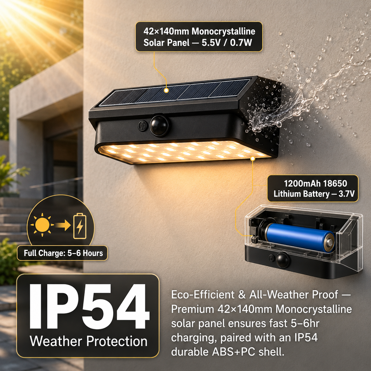 ALINA solar outdoor wall light with motion sensor, IP54 weather protection, and 3000K warm white glow