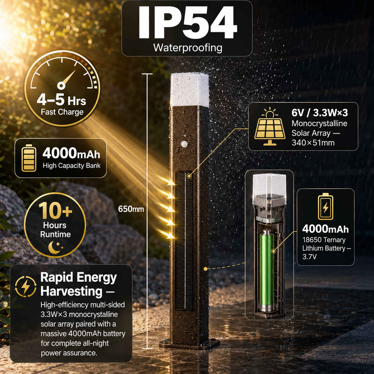 IP54 solar garden bollard light with 4000mAh battery and multi-sided panel shown in heavy rain