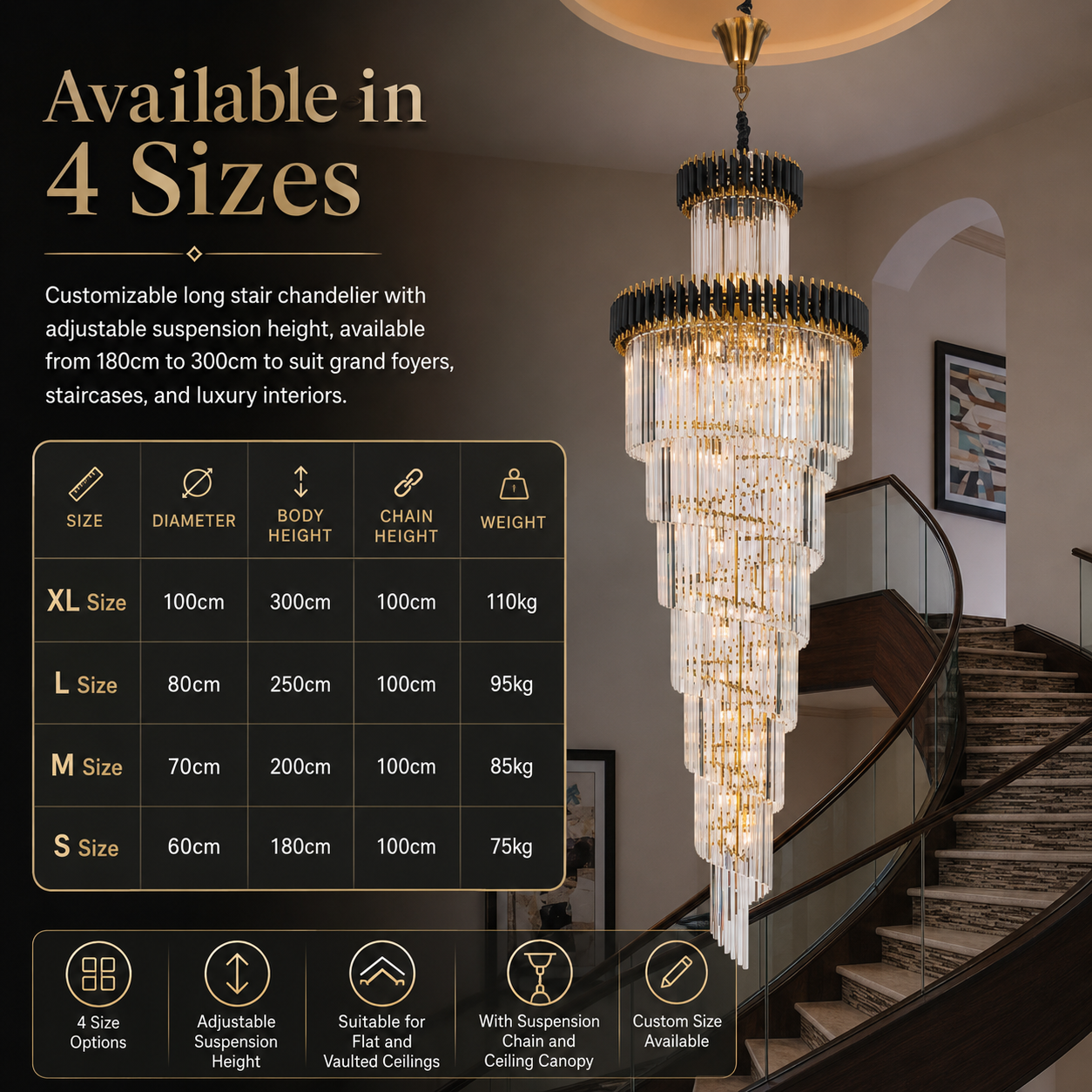 K9 crystal staircase chandelier with overlay showing four size options and adjustable suspension height