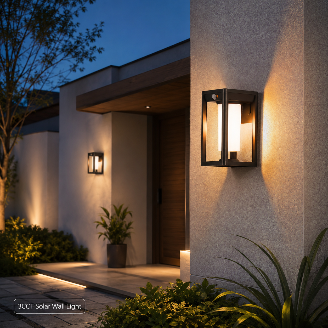 AURA solar outdoor wall light with 3CCT glow illuminating a modern entrance facade