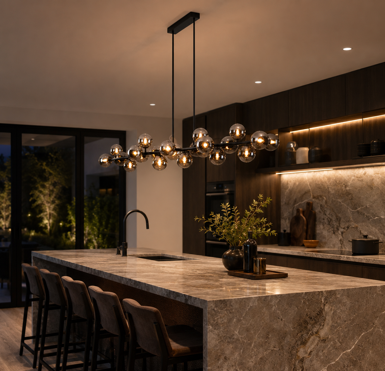 SILFA 1800mm LED Smoke Glass Pendant Light 22-Lights G9 Dimmable Dinning Table