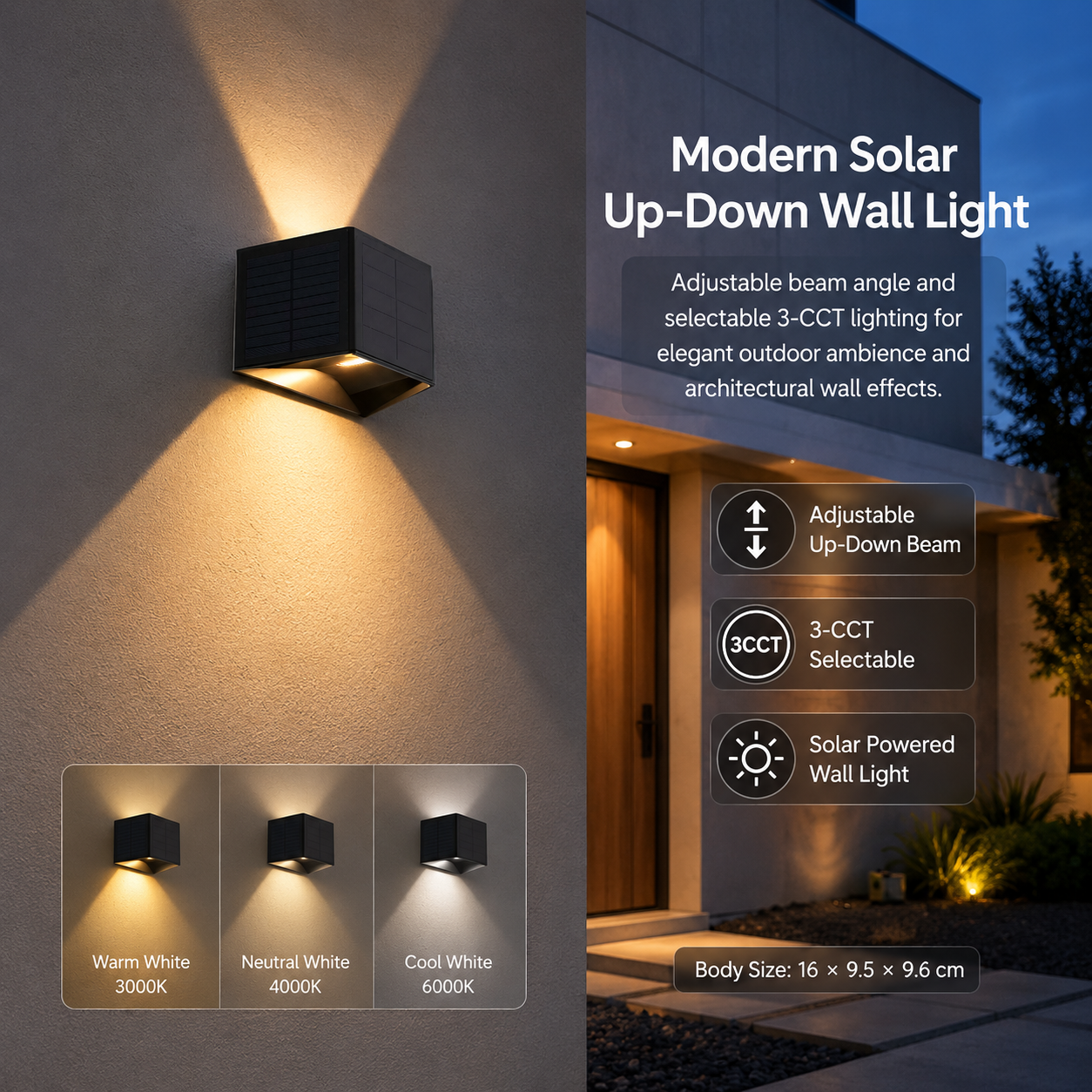 AKILI solar rechargeable up down wall light with adjustable beam and 3CCT outdoor wall illumination