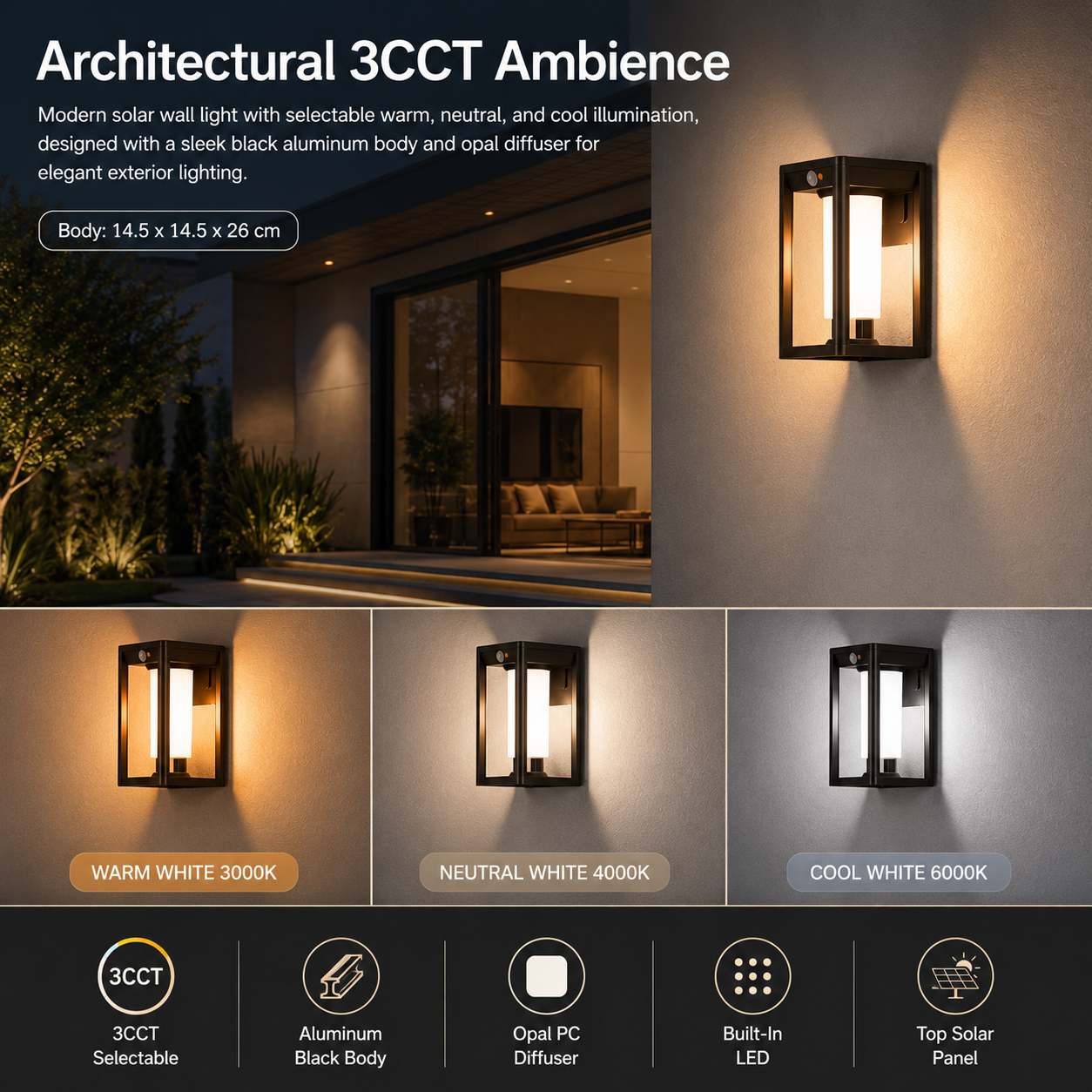 AURA 3CCT solar wall light showing warm, neutral, and cool white exterior illumination