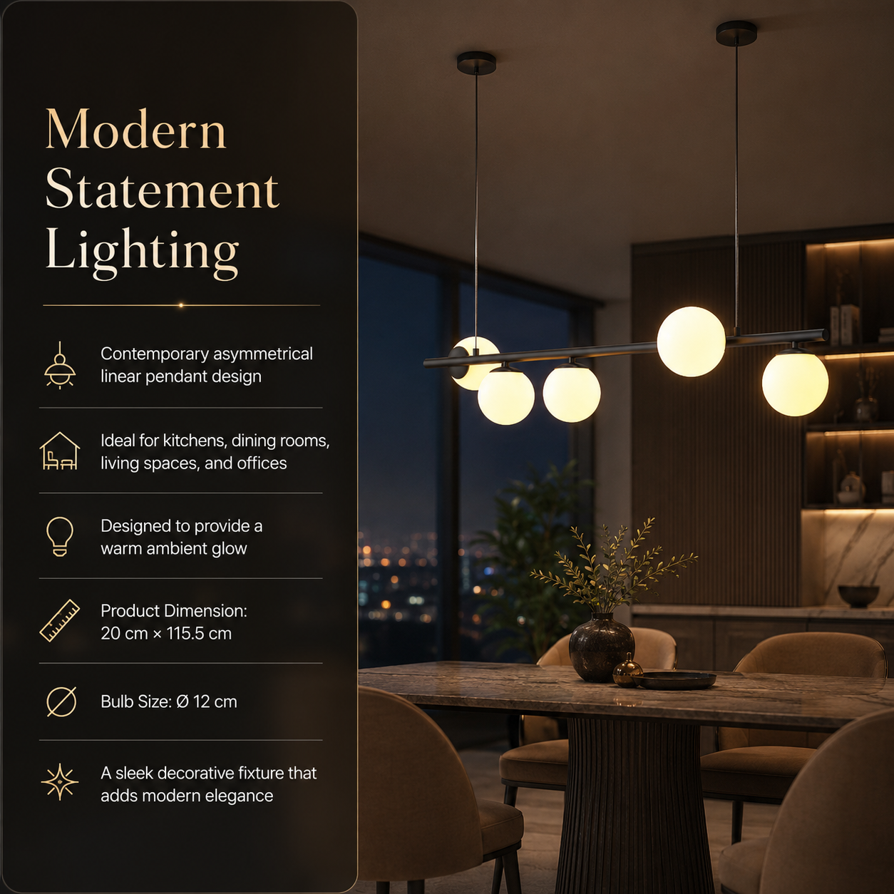 ANGELO 120cm Length Contemporary Pendant Light 5*G9 Base Black Aged Brass - 7Pandas Australia