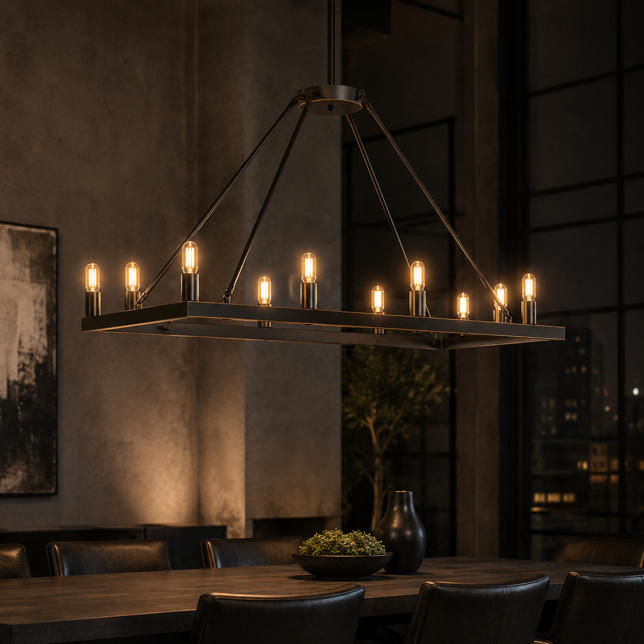 ALVA 12-Light Bronze Antique Style Rectangular Farmhouse Chandelier E14