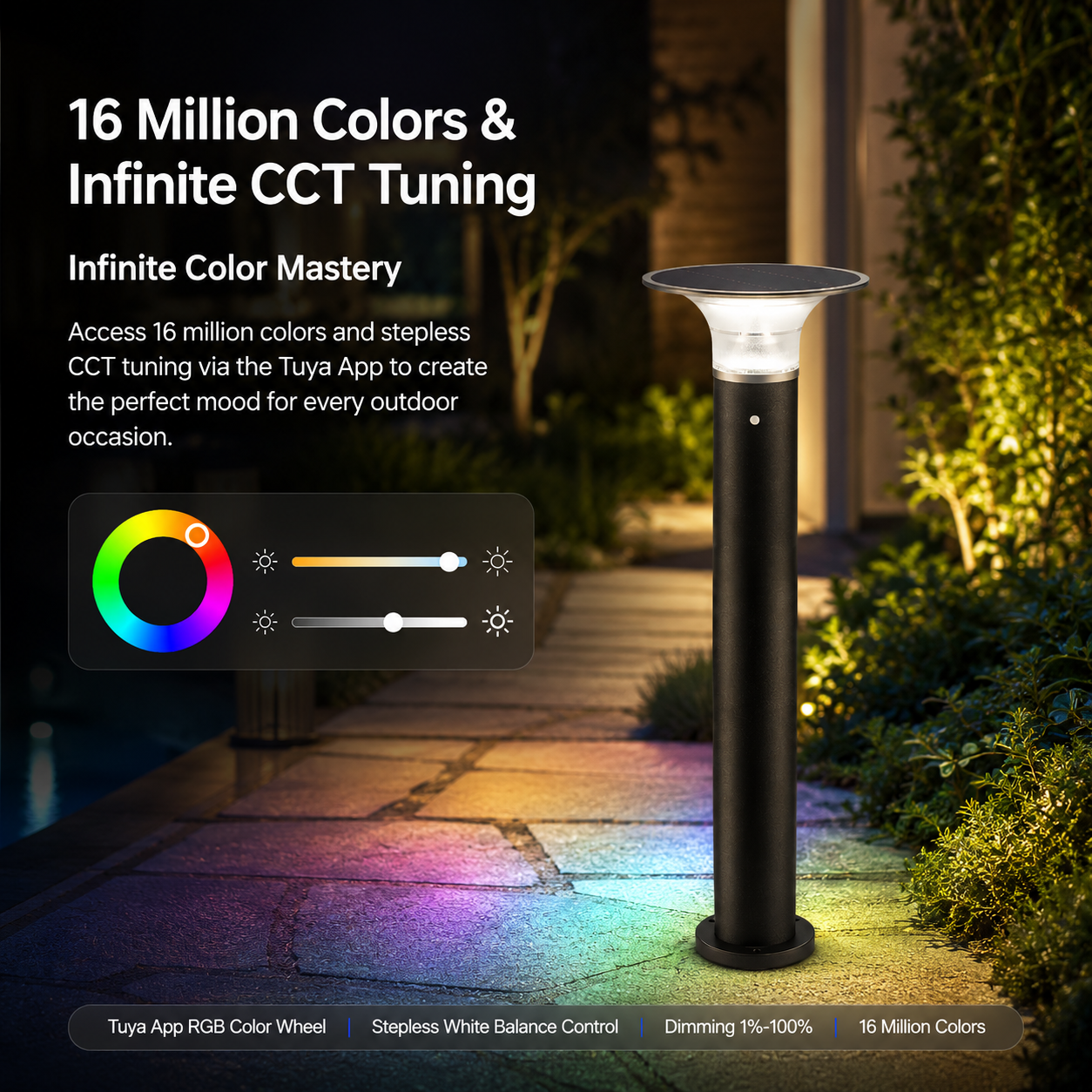 MATRIX smart solar LED bollard light with RGB color control and CCT tuning for outdoor garden pathways
