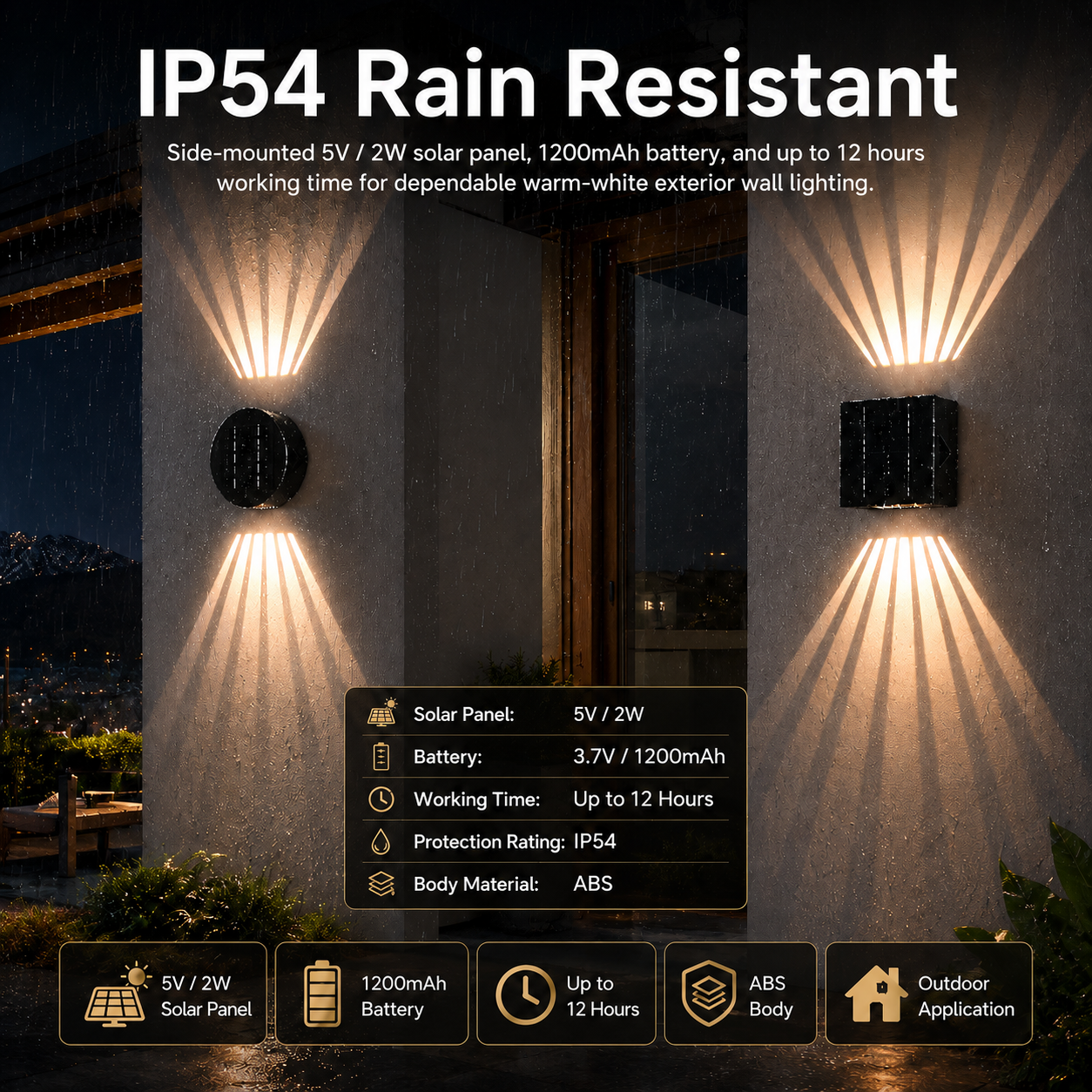 IP54 rain resistant solar up down wall light casting warm white beams on exterior walls