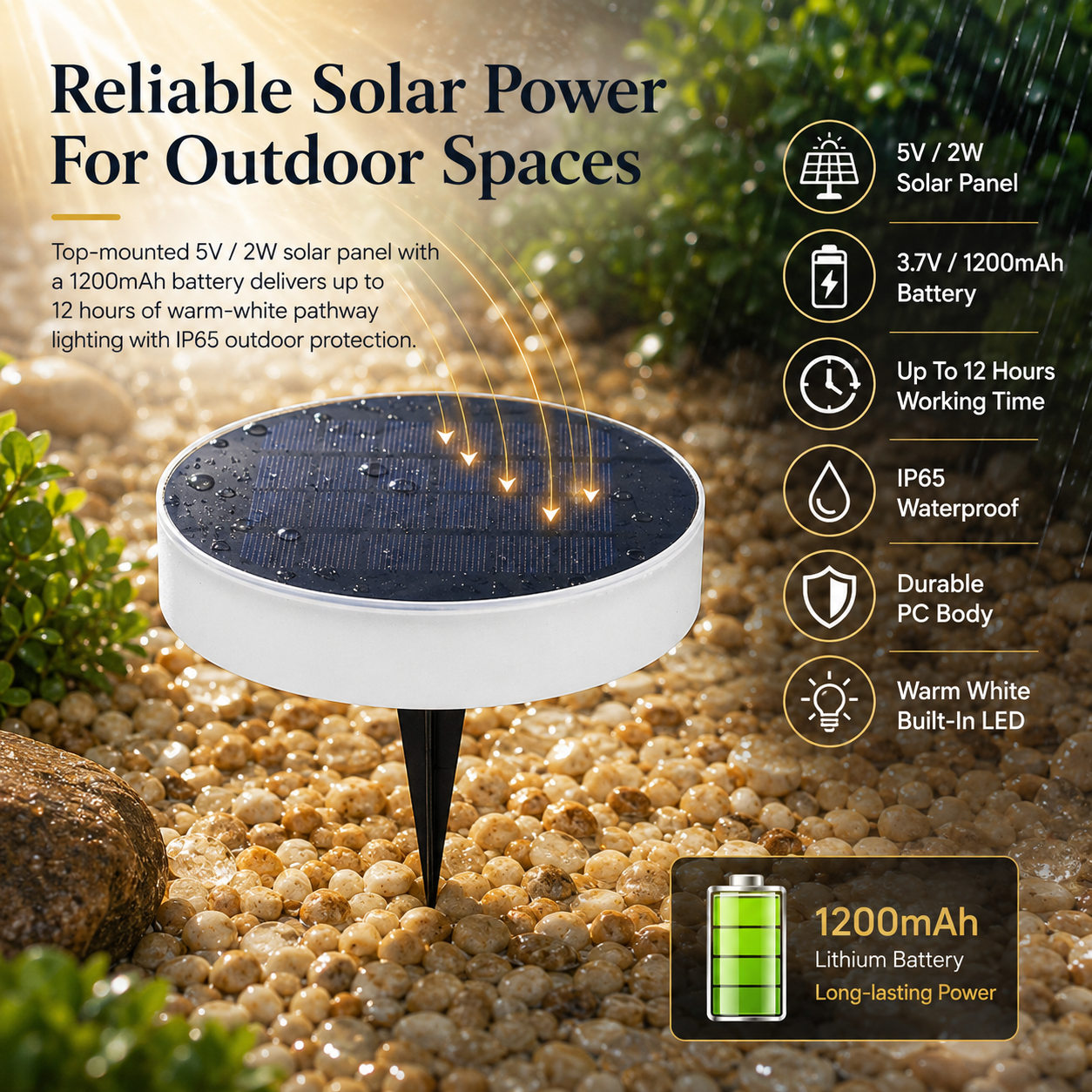 ABEL solar pathway garden light with IP65 protection, 1200mAh battery, and warm white illumination