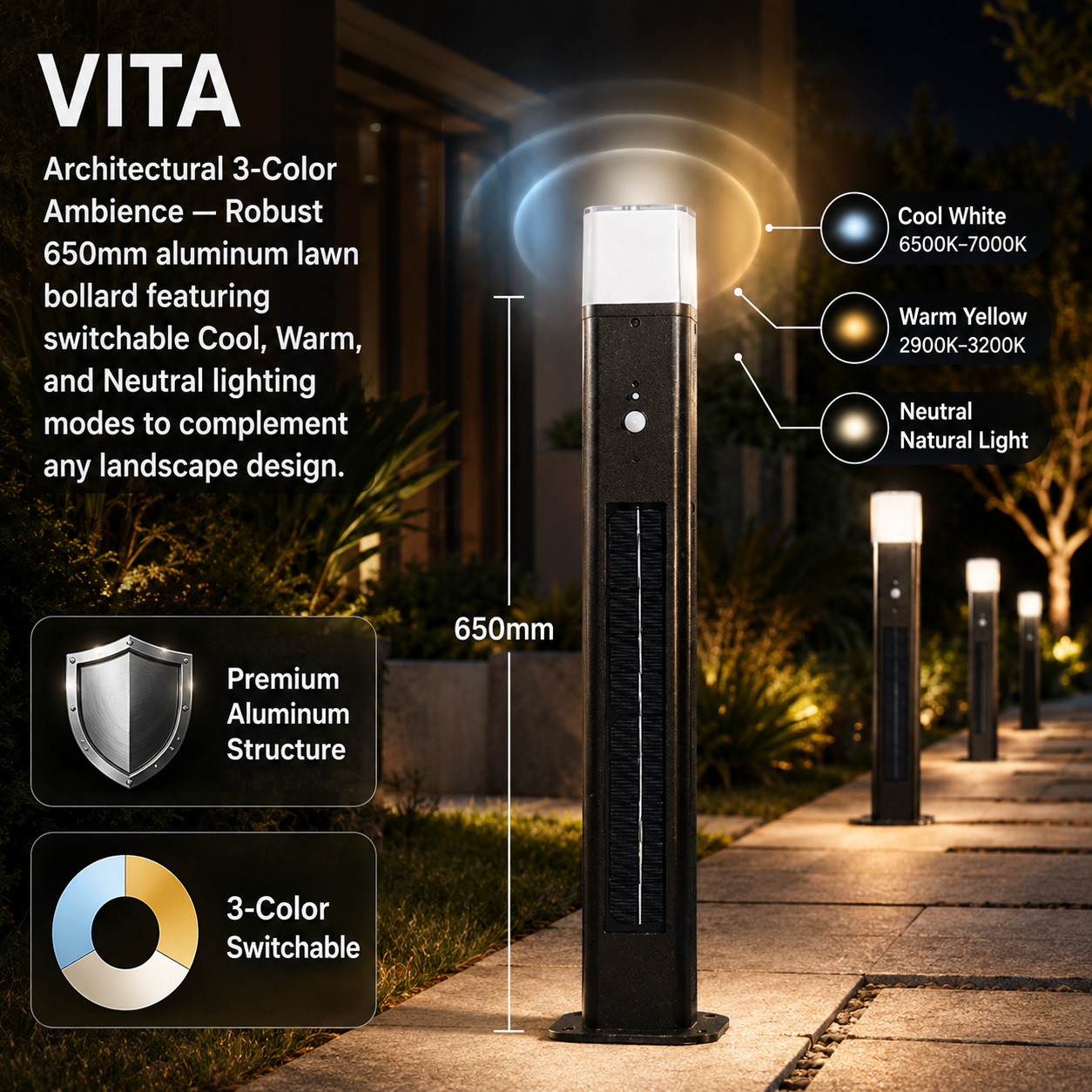 VITA 3CCT aluminium solar bollard light illuminating a garden pathway with cool, warm, and neutral modes