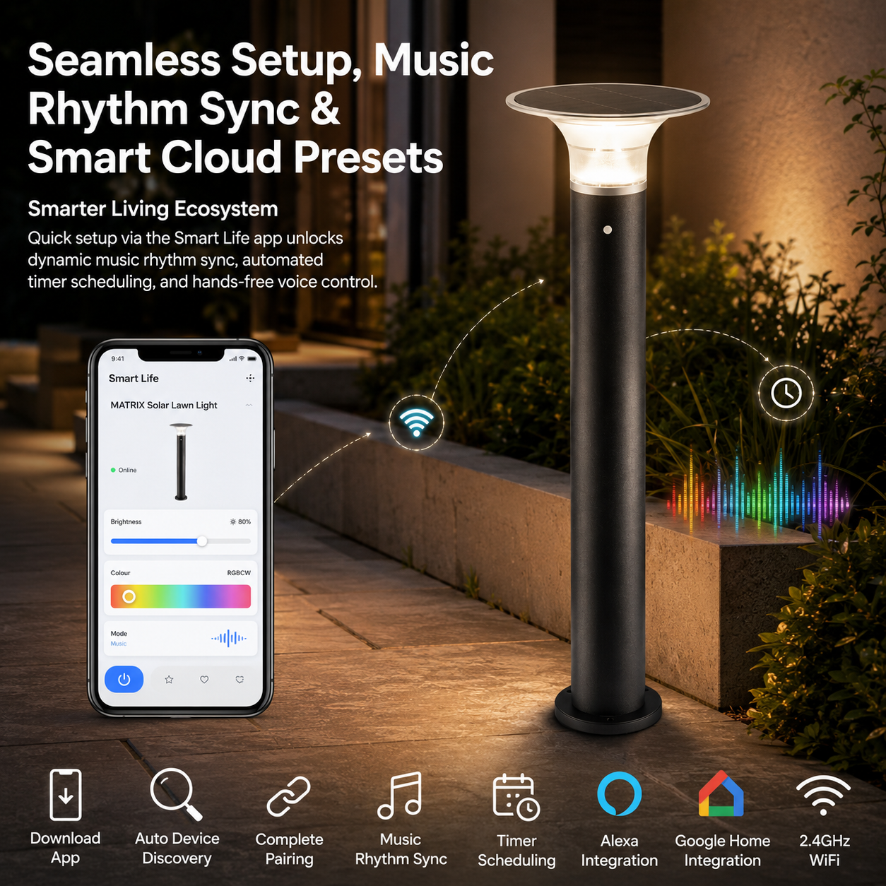 MATRIX smart WiFi solar bollard light with app control, music sync, timers, and voice assistant integration