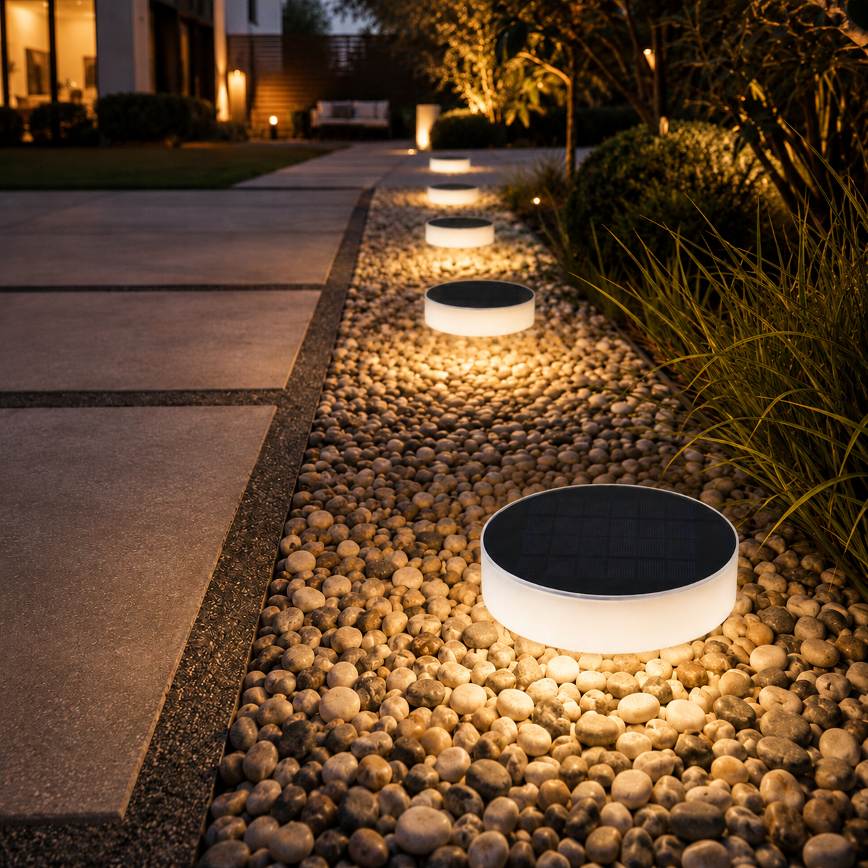 ABEL solar garden pathway lights glowing warm white along a pebble border