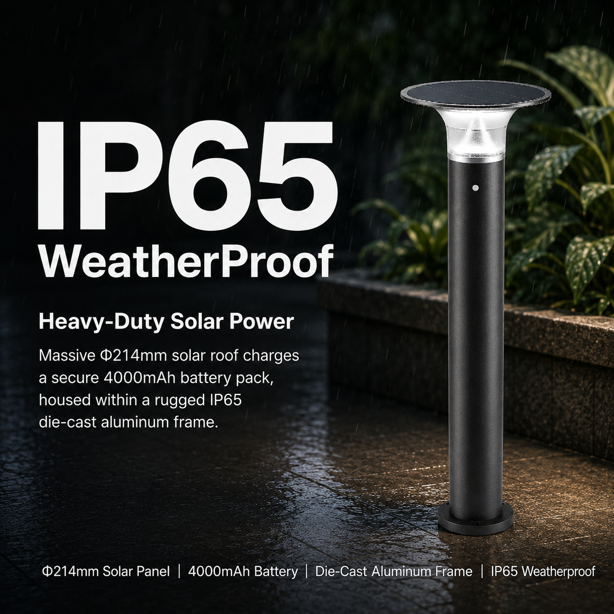 IP65 solar bollard light with die-cast aluminium frame and 4000mAh battery shown in rainy outdoor conditions