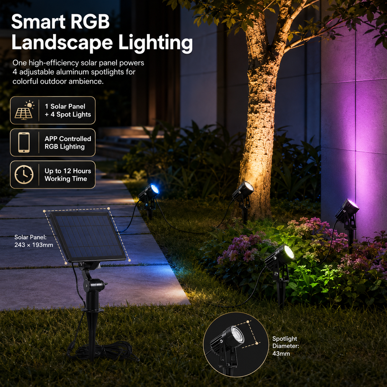 Smart RGB solar landscape lighting kit with four adjustable spotlights and separate panel illuminating garden plants