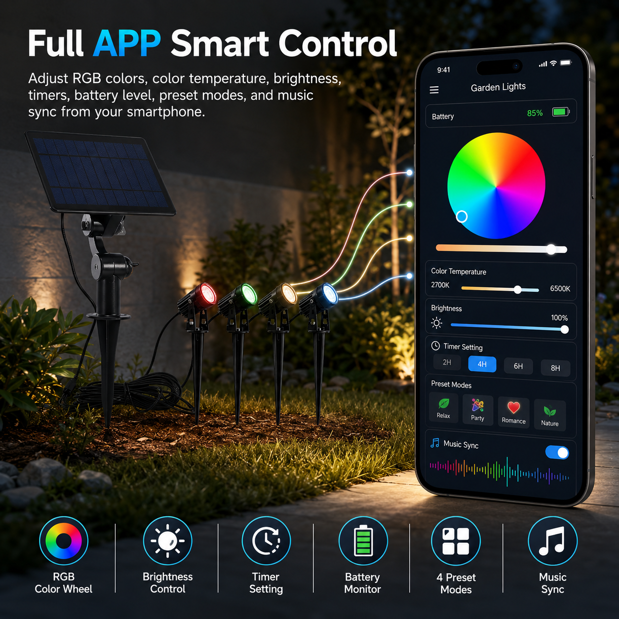 NEXUS smart solar garden spotlights with app control for RGB color, brightness, timers, and music sync