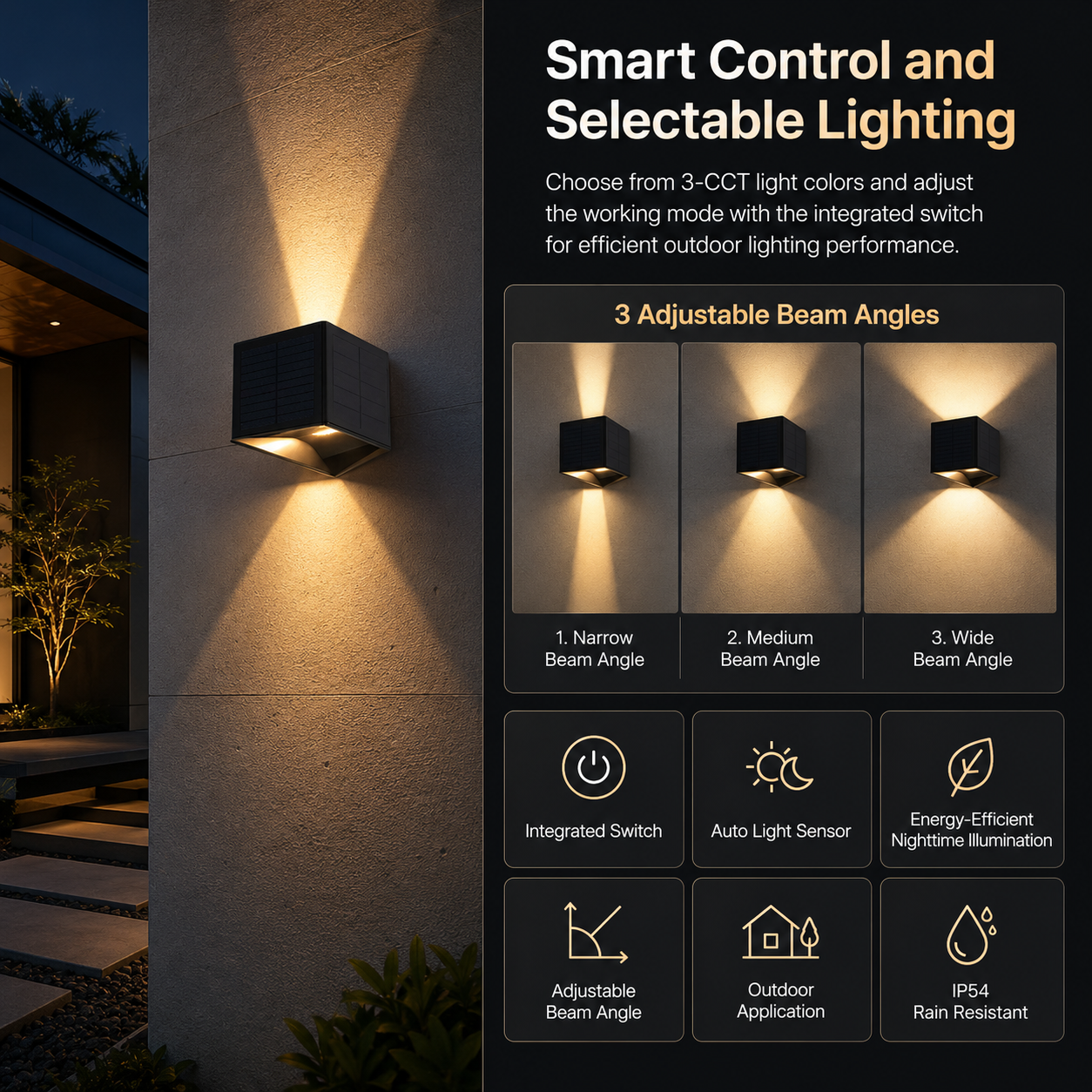 AKILI solar up down wall light showing selectable 3CCT lighting, adjustable beam angles, and IP54 outdoor use