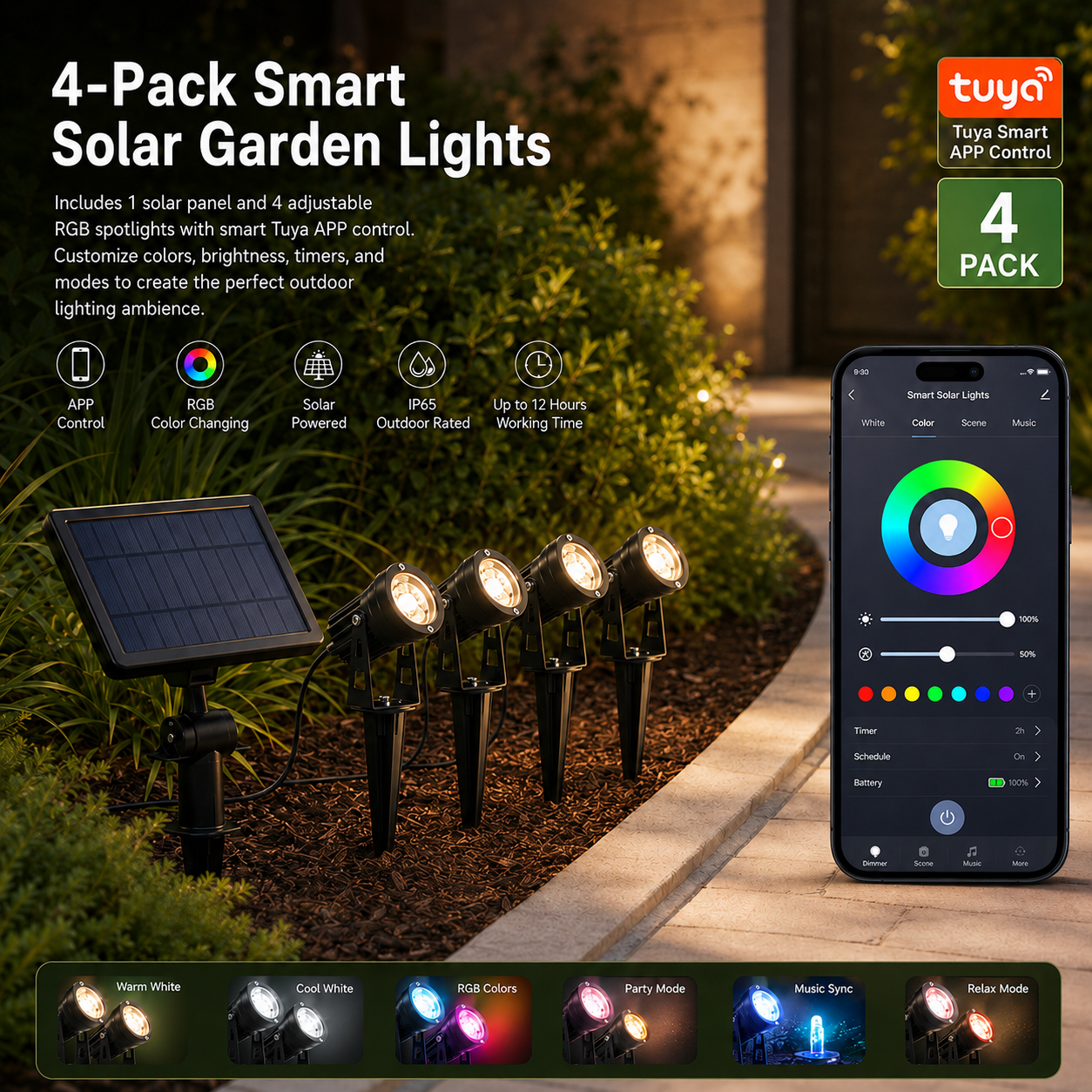 NEXUS 4-pack smart solar garden lights with WiFi RGB app control, solar panel, and adjustable spotlights