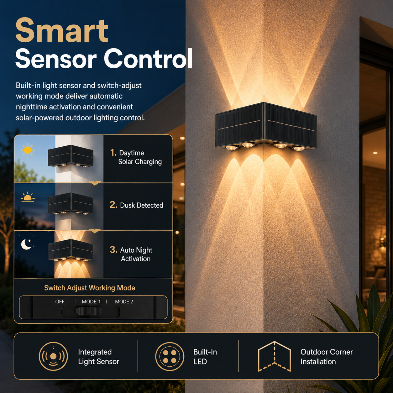 MANTIS solar corner wall light with smart sensor control and warm white up down beams
