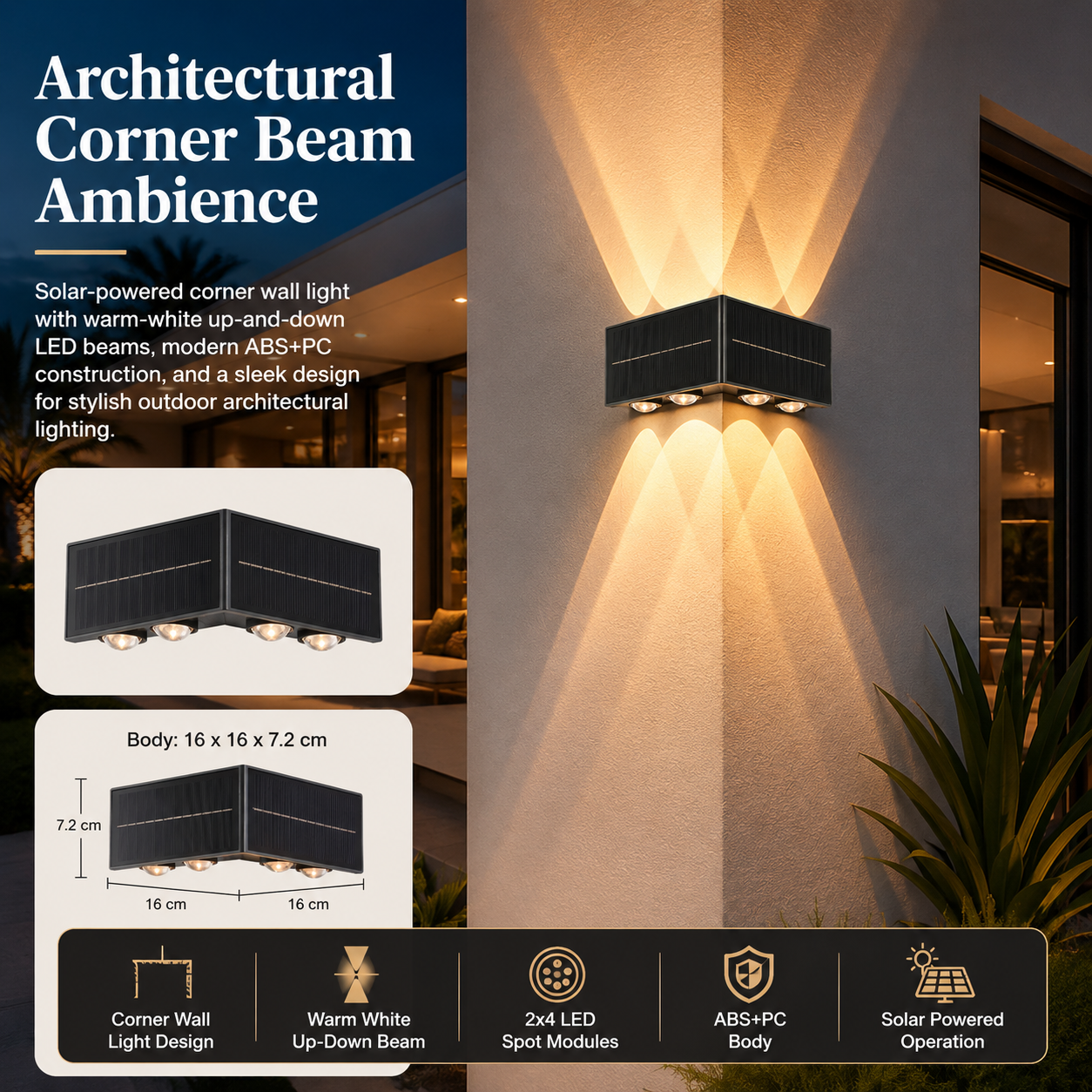 Solar corner wall light casting warm white up down beams on a modern exterior corner