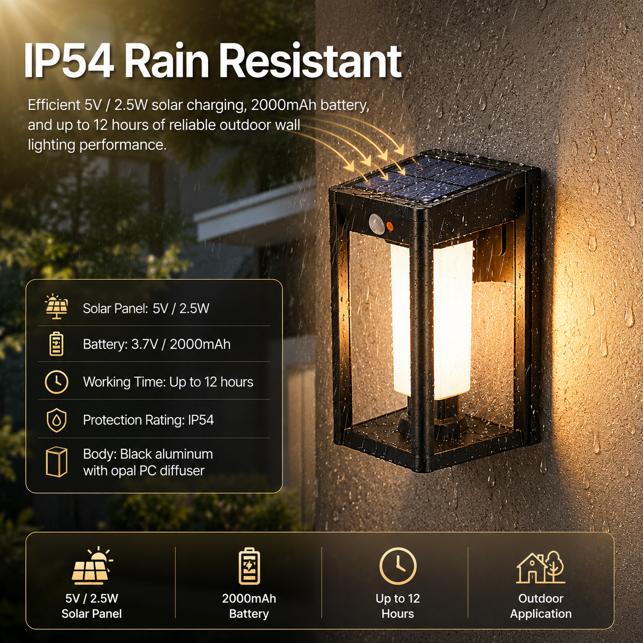 IP54 solar motion sensor wall light with 2000mAh battery glowing in heavy rain
