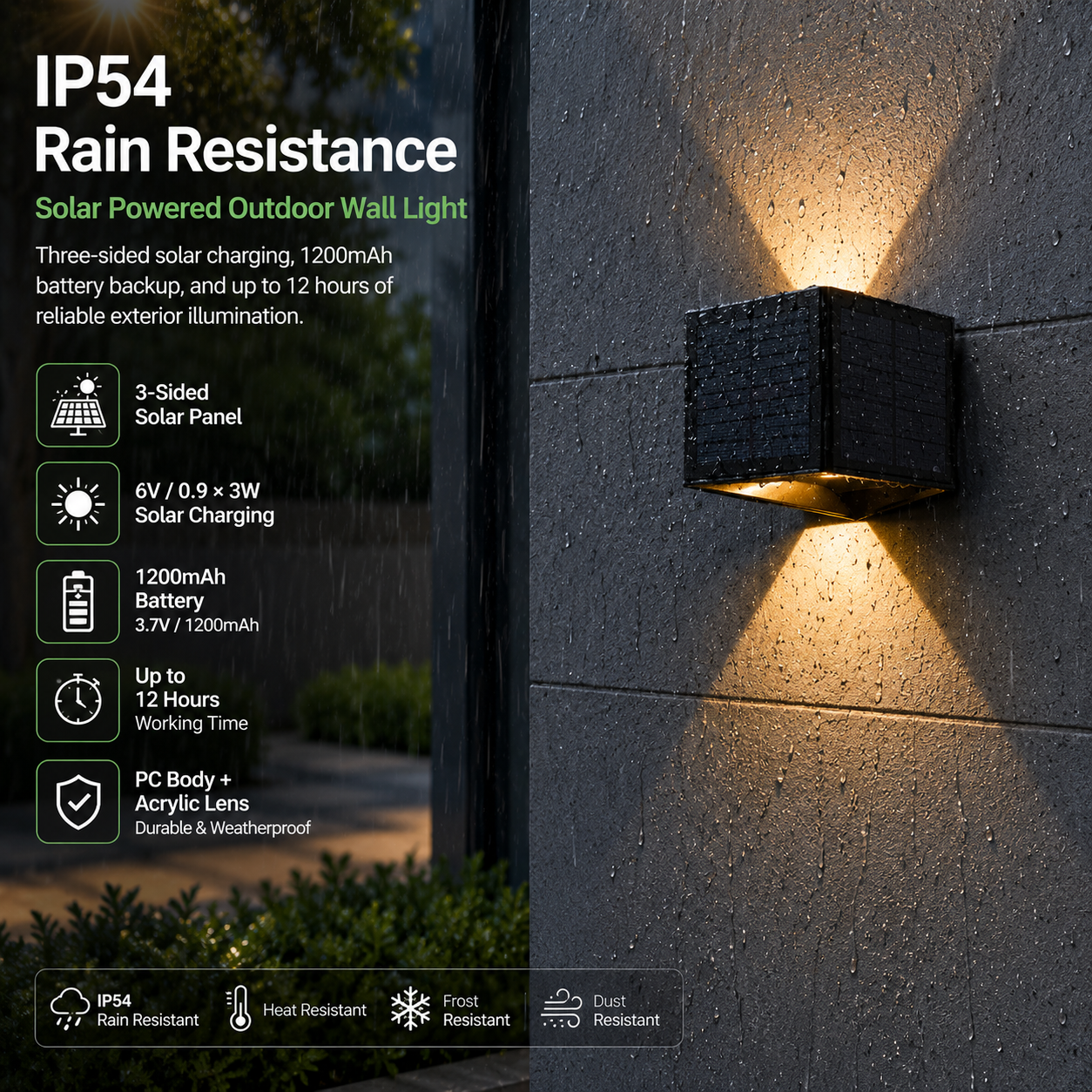 IP54 solar powered outdoor wall light with up down beam pattern shown on a rain-resistant exterior wall