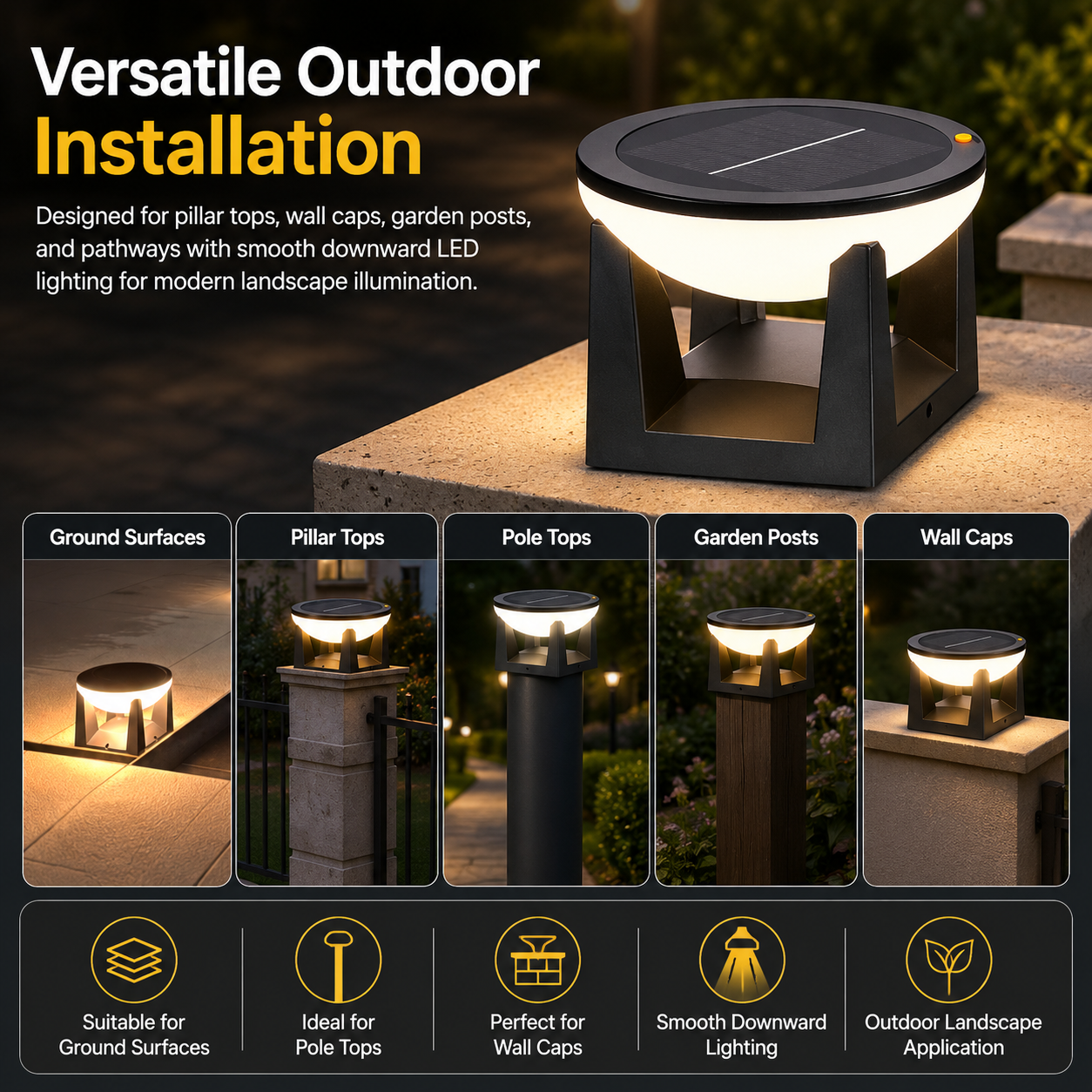 Outdoor solar post top light for wall caps, pillar tops, garden posts, and pathways
