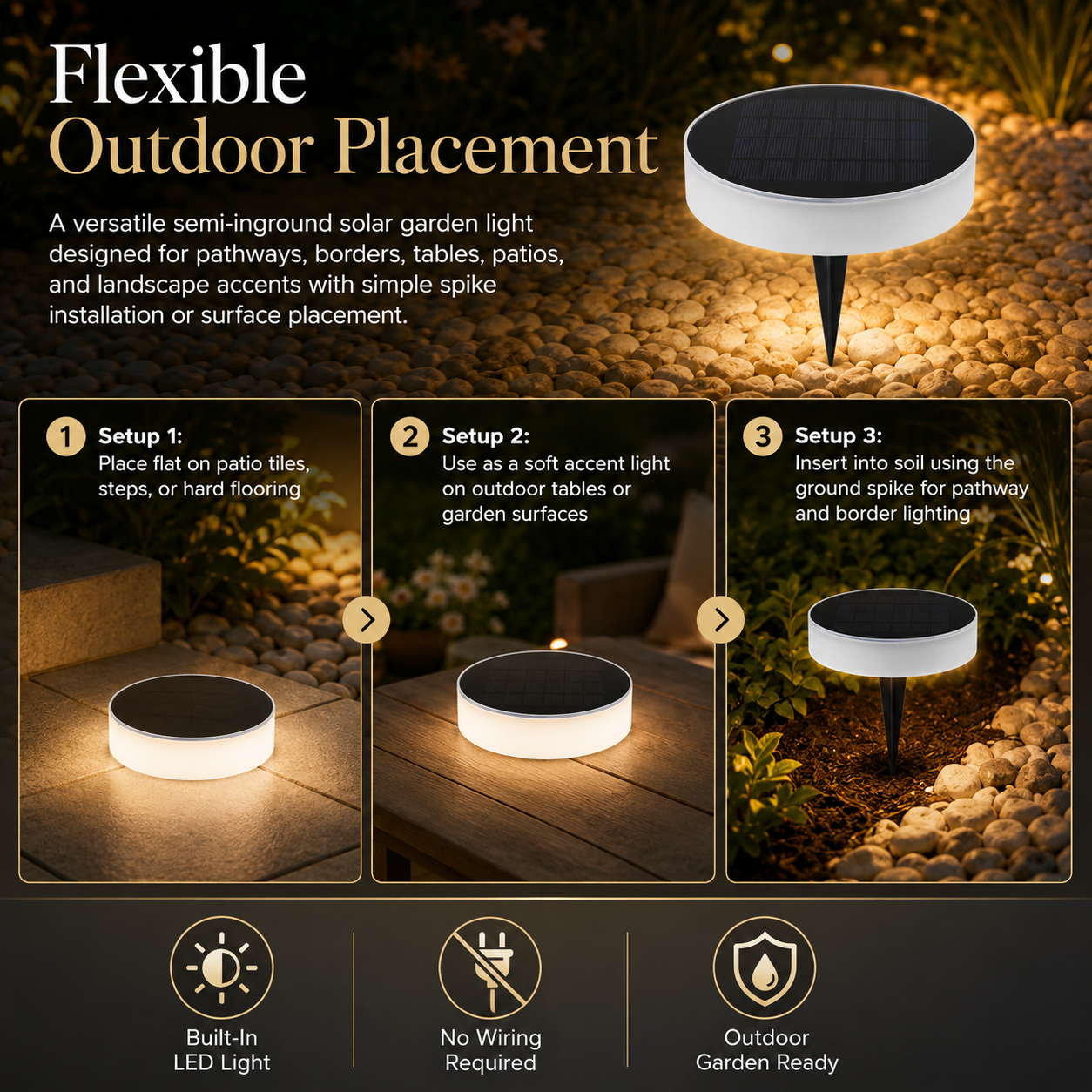 Semi-inground solar garden light showing flat, tabletop, and spike placement options for outdoor accents