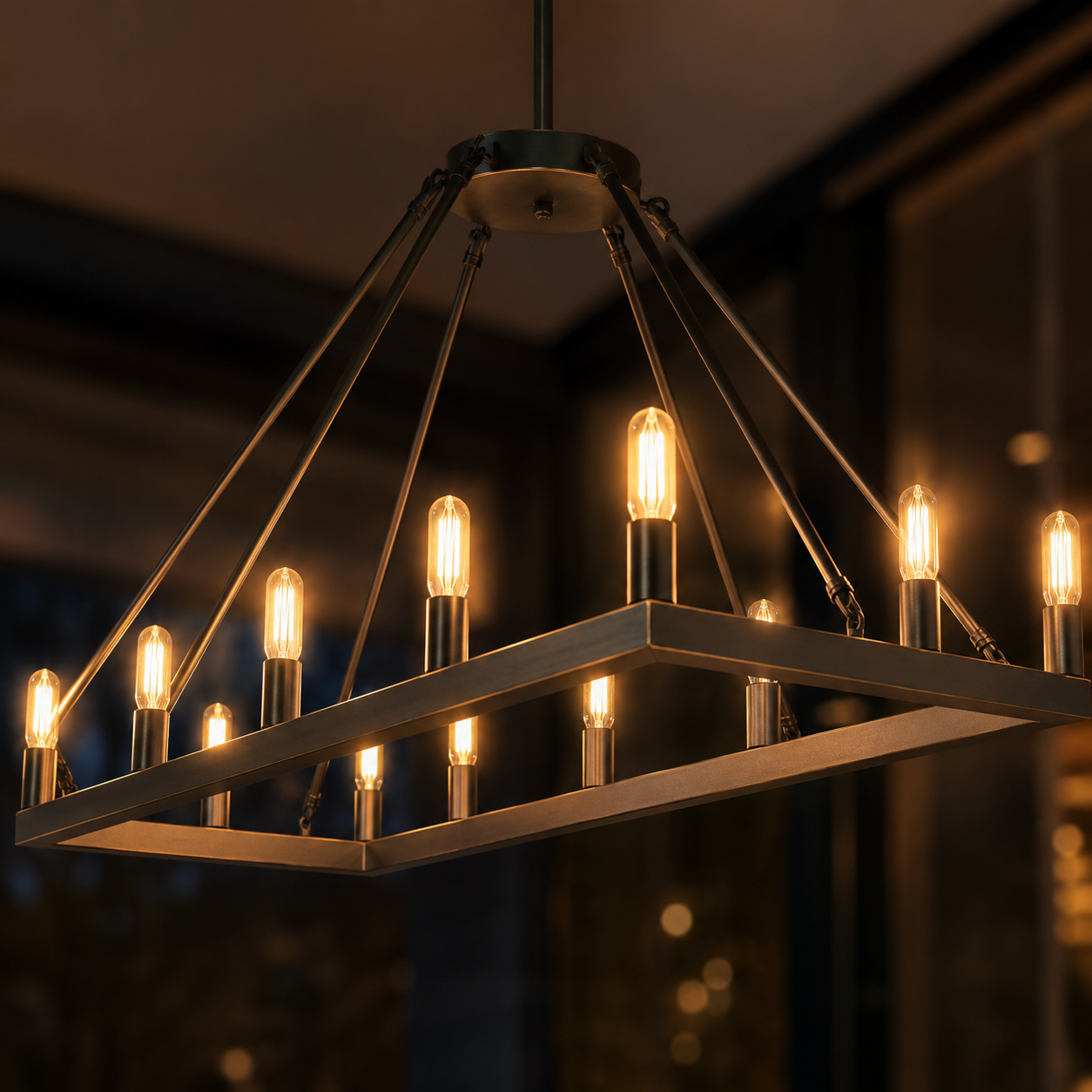 ALVA 12-Light Bronze Antique Style Rectangular Farmhouse Chandelier E14