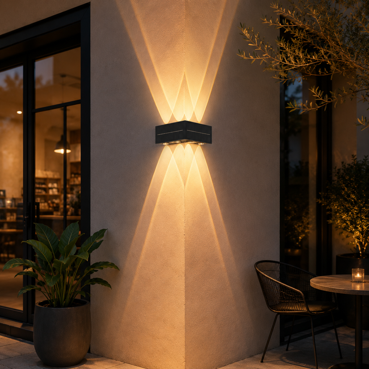 Solar corner wall light casting warm white up down beams on modern patio exterior