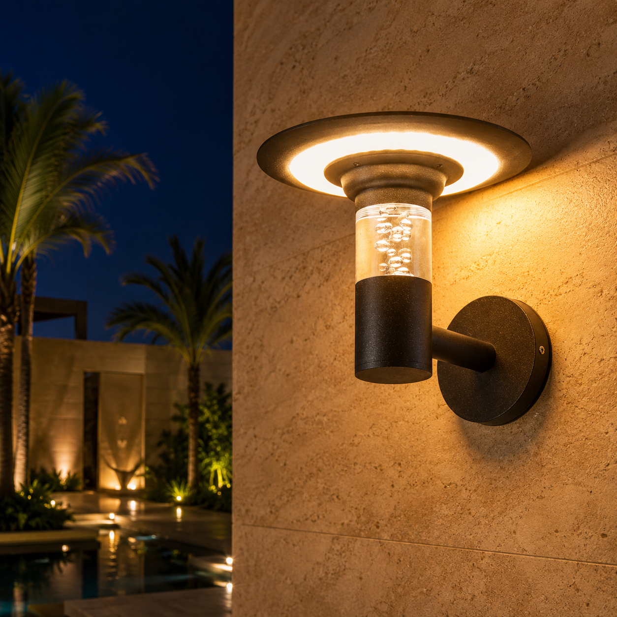 Black solar wall light casting warm white illumination on a stone exterior beside a poolside garden