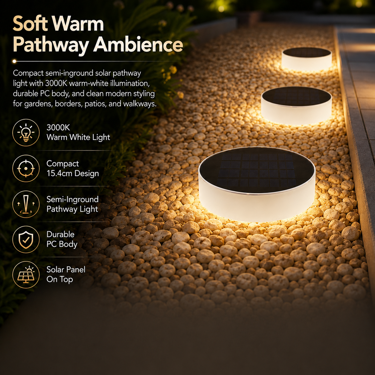 Semi-inground solar pathway lights casting 3000K warm white glow across pebble garden border