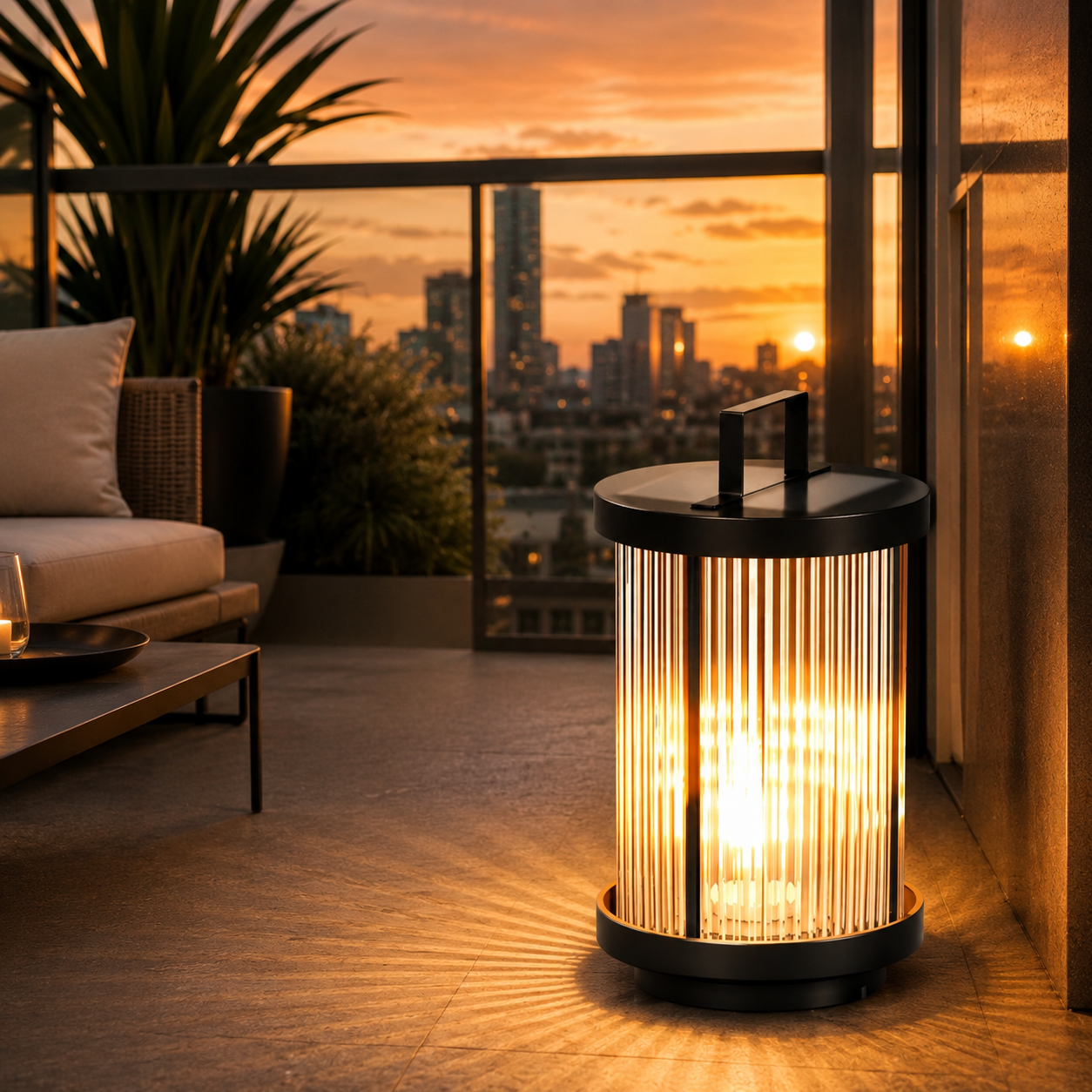 EMILY solar patio lantern glowing warm white on a balcony lounge at sunset
