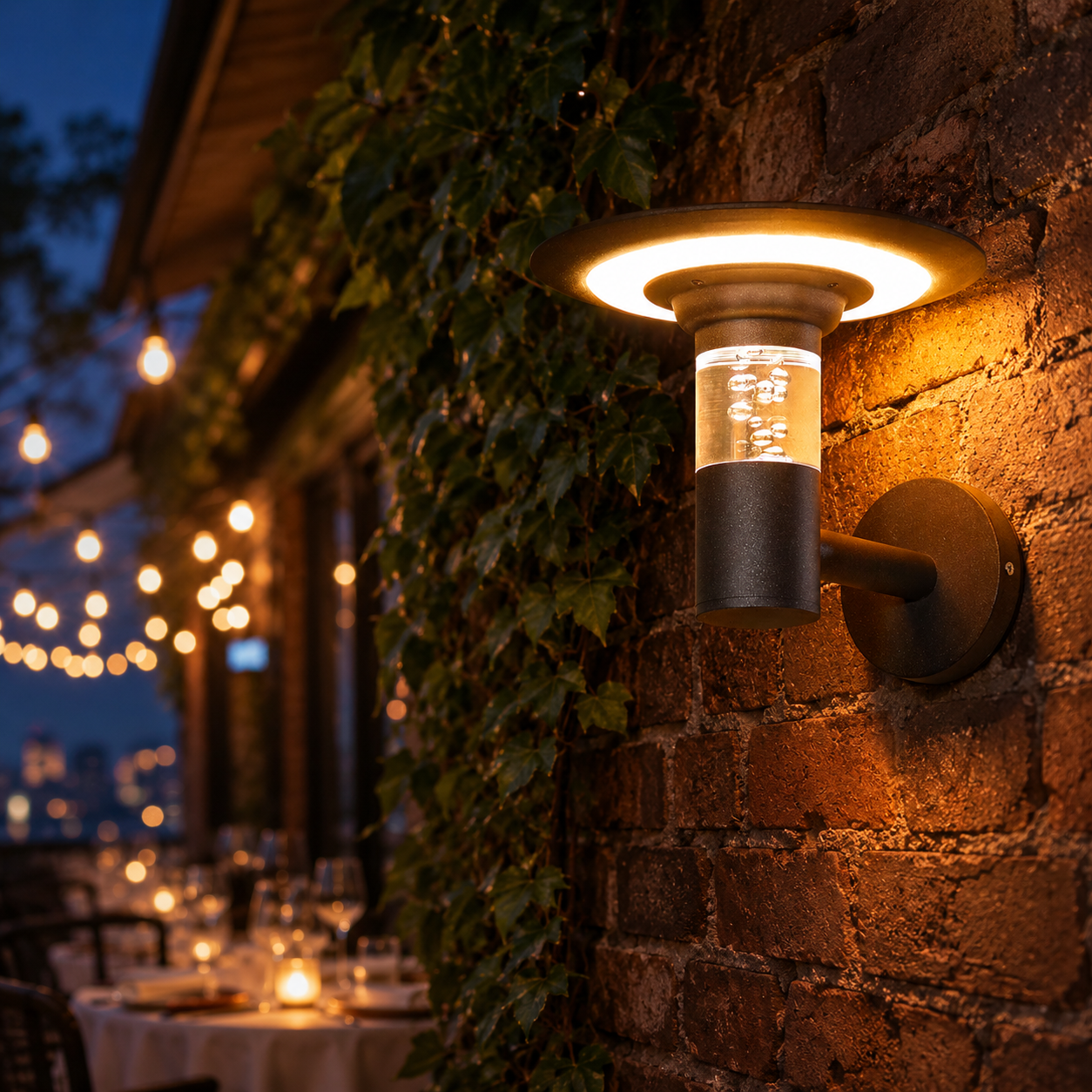 Black solar outdoor wall sconce glowing warm white on an ivy-covered brick terrace wall